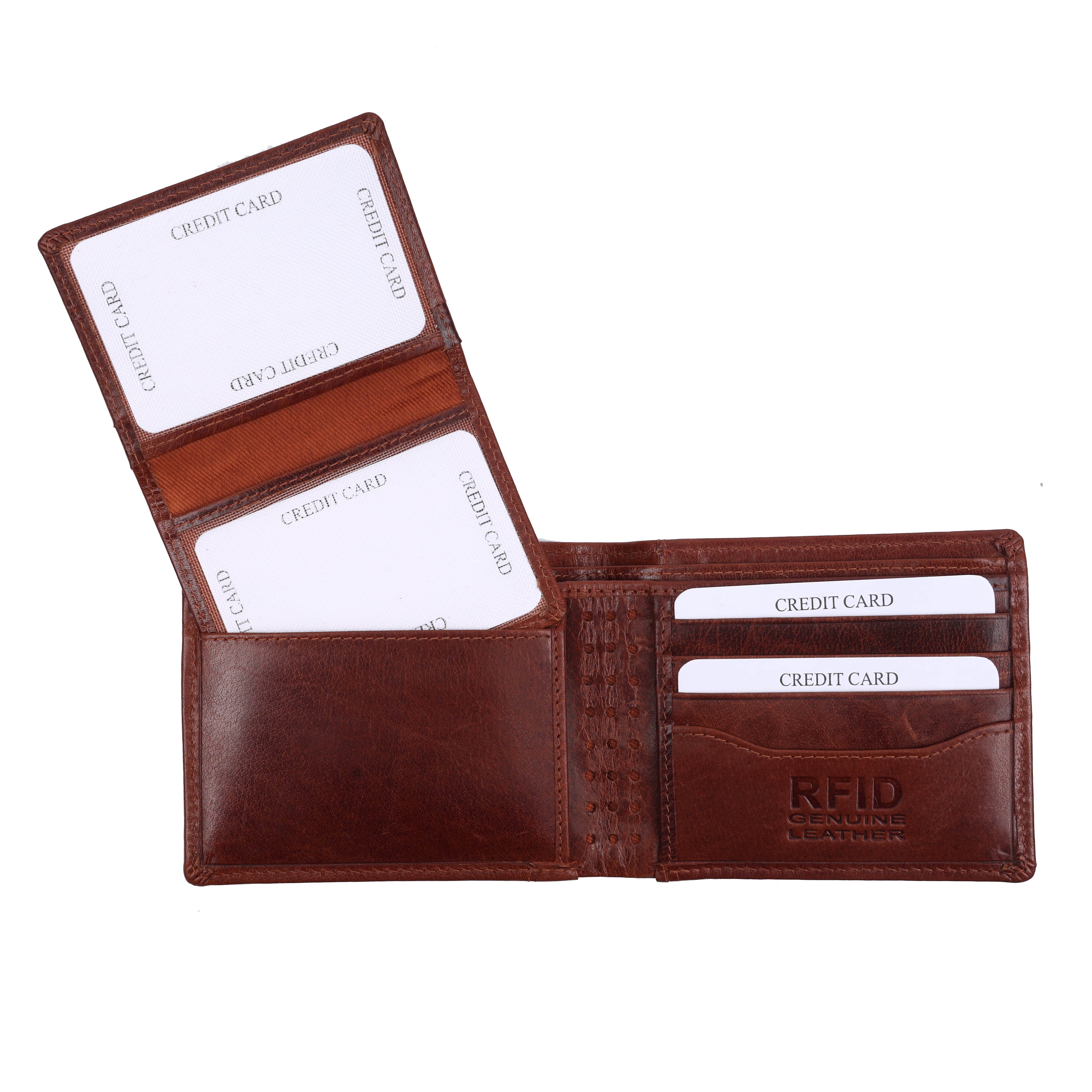 GM Leather Auckland premium men's leather bifold wallet in cognac brown, fully opened to showcase the internal credit card slots, RFID blocking stamp, unique perforated center spine detail, and integrated detachable card holder sleeve.