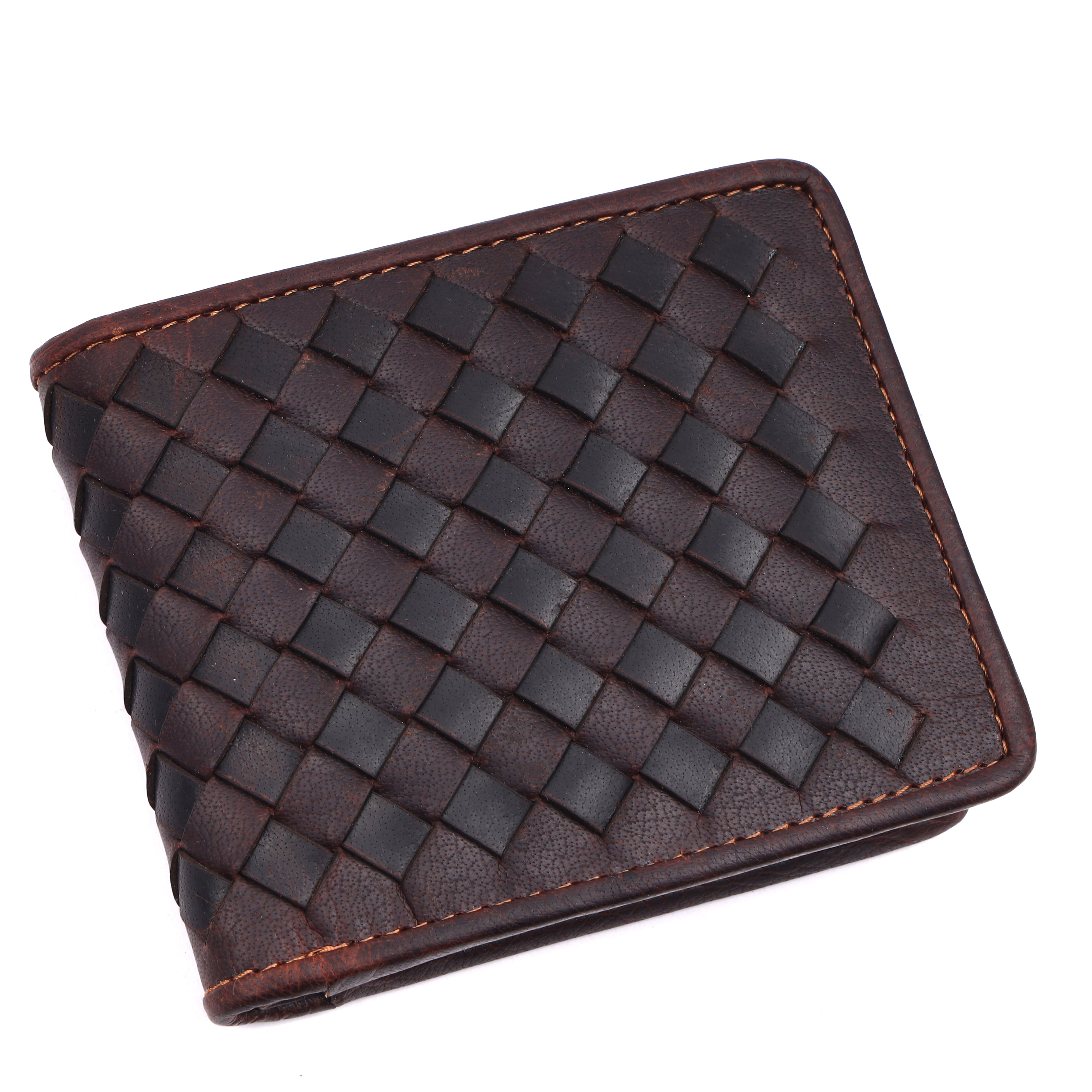 GM Leather Auckland premium men's leather wallet in brown, displaying a three-quarter angled view of its luxury textured woven bifold exterior and fine perimeter stitching.
