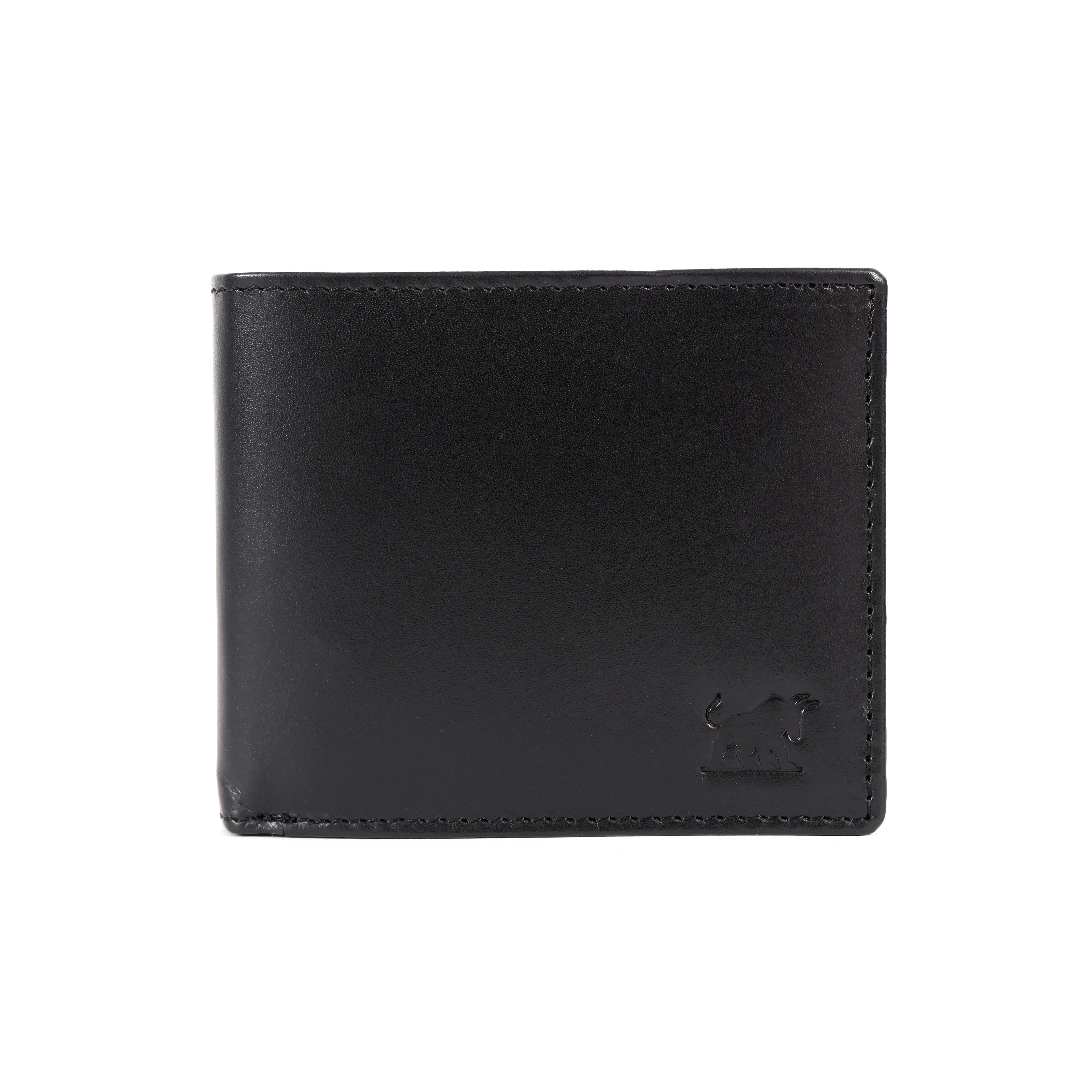 Premium classic black genuine leather men's bifold wallet showing fine perimeter stitching and an embossed bull logo by GM Leather Auckland