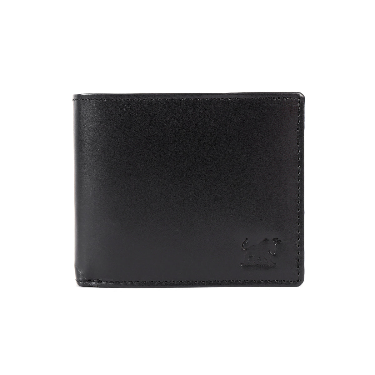Premium classic black genuine leather men's bifold wallet showing fine perimeter stitching and an embossed bull logo by GM Leather Auckland