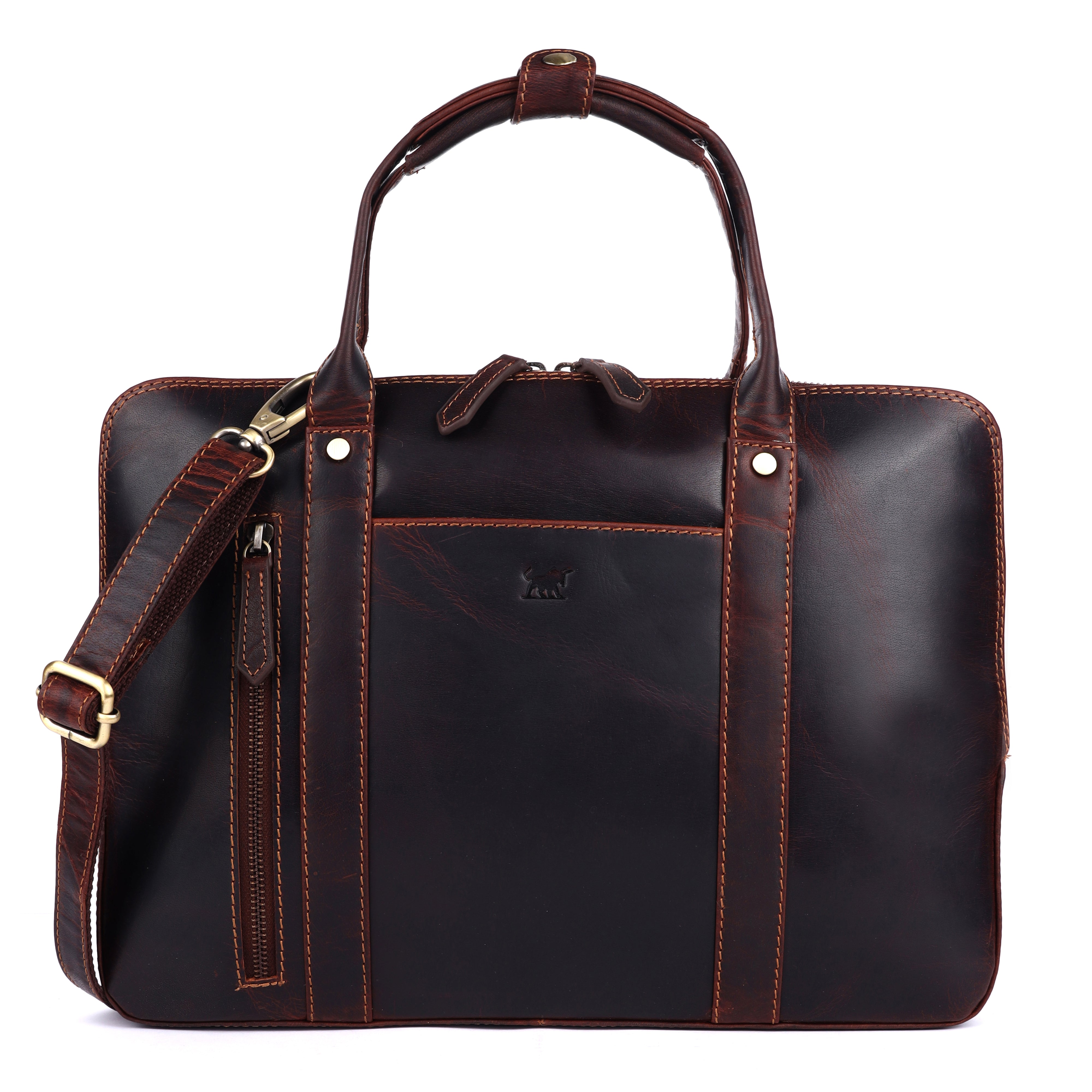 GM Leather Auckland premium men's leather briefcase in dark brown, showcasing the front profile with a vertical zipper pocket, brass hardware, and detachable shoulder strap.