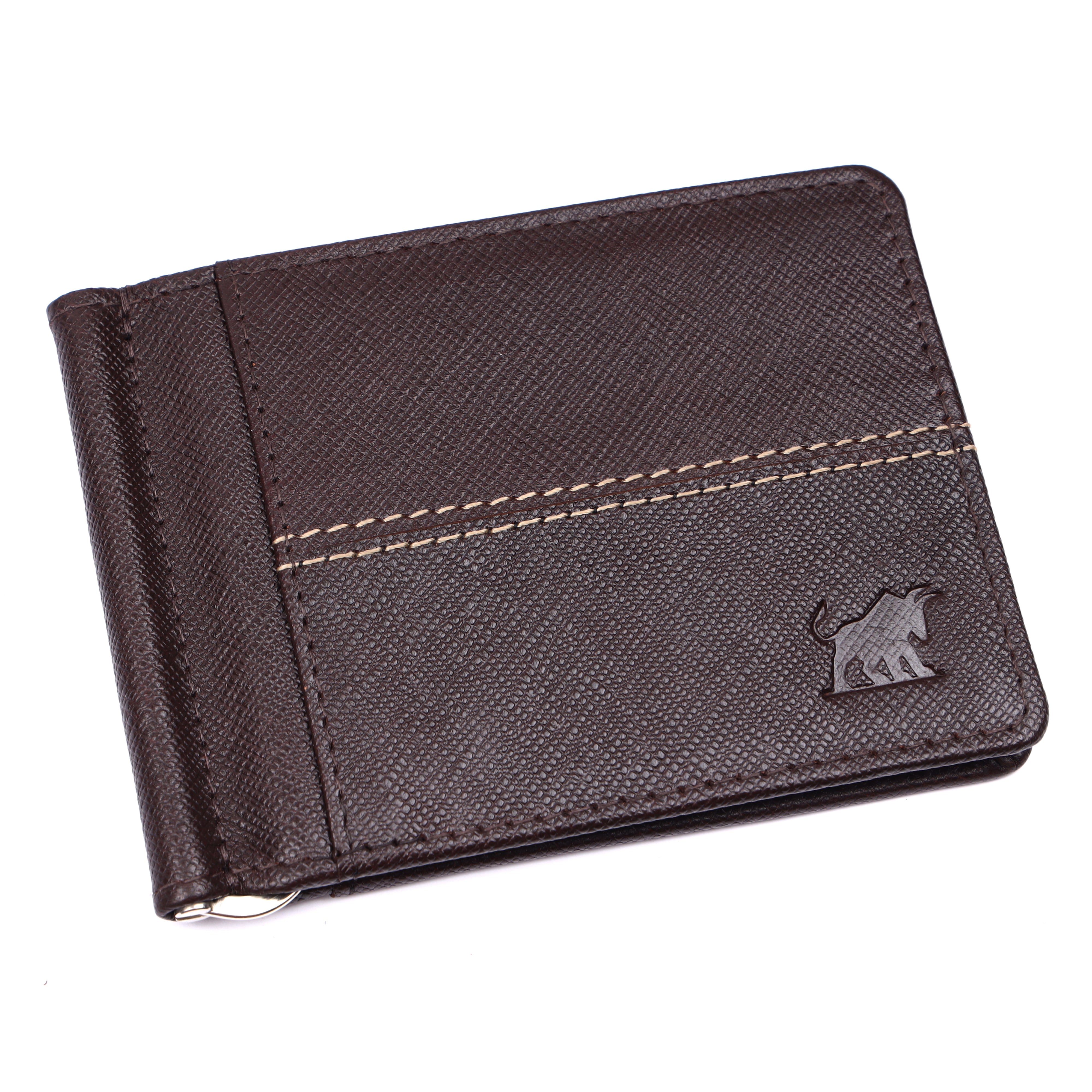 Handcrafted men's dark brown textured genuine leather money clip wallet with stamped bull logo by GM Leather Auckland.