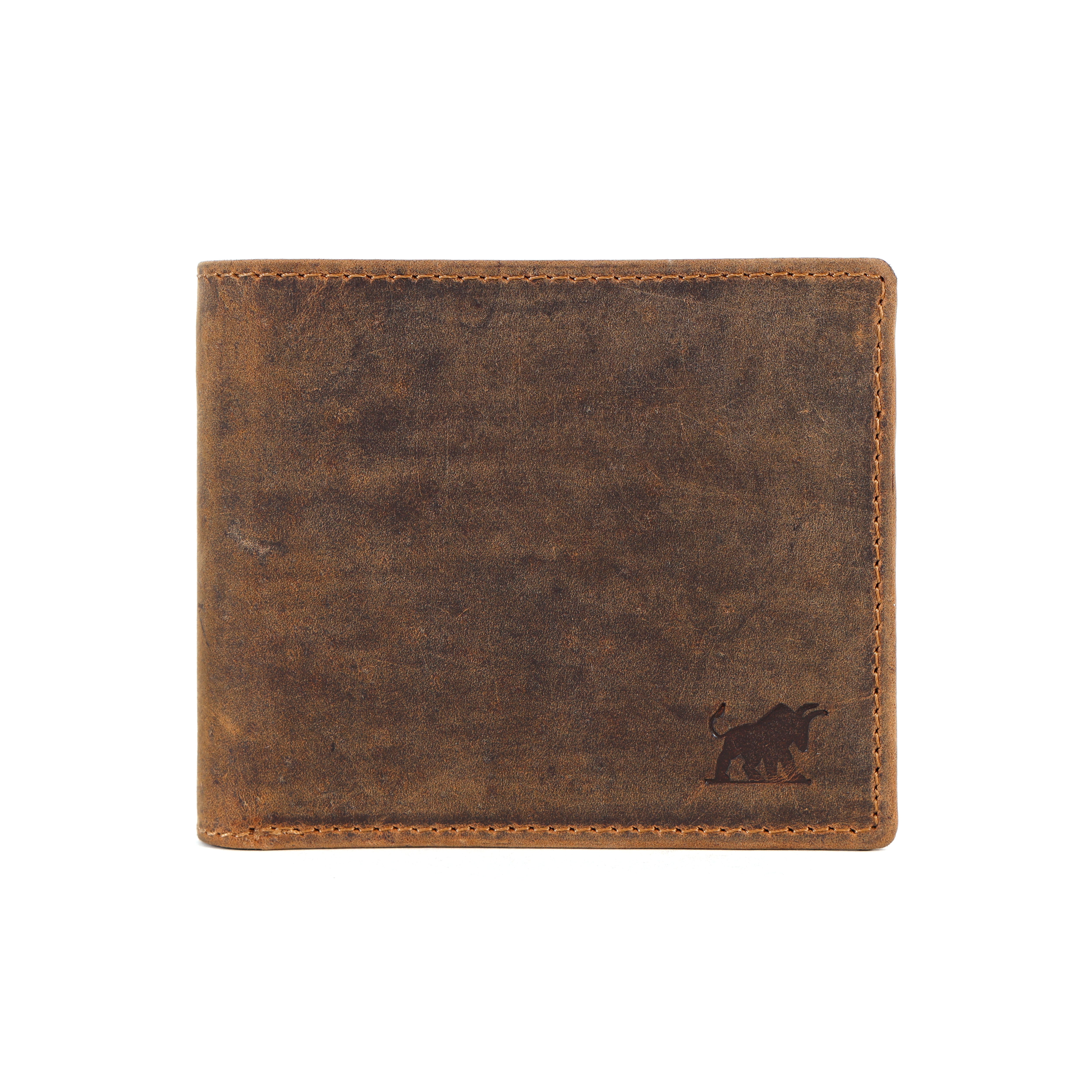 premium rustic brown distressed hunter genuine leather men's bifold wallet showing an exterior snap closure tab and an embossed bull logo by GM Leather Auckland.