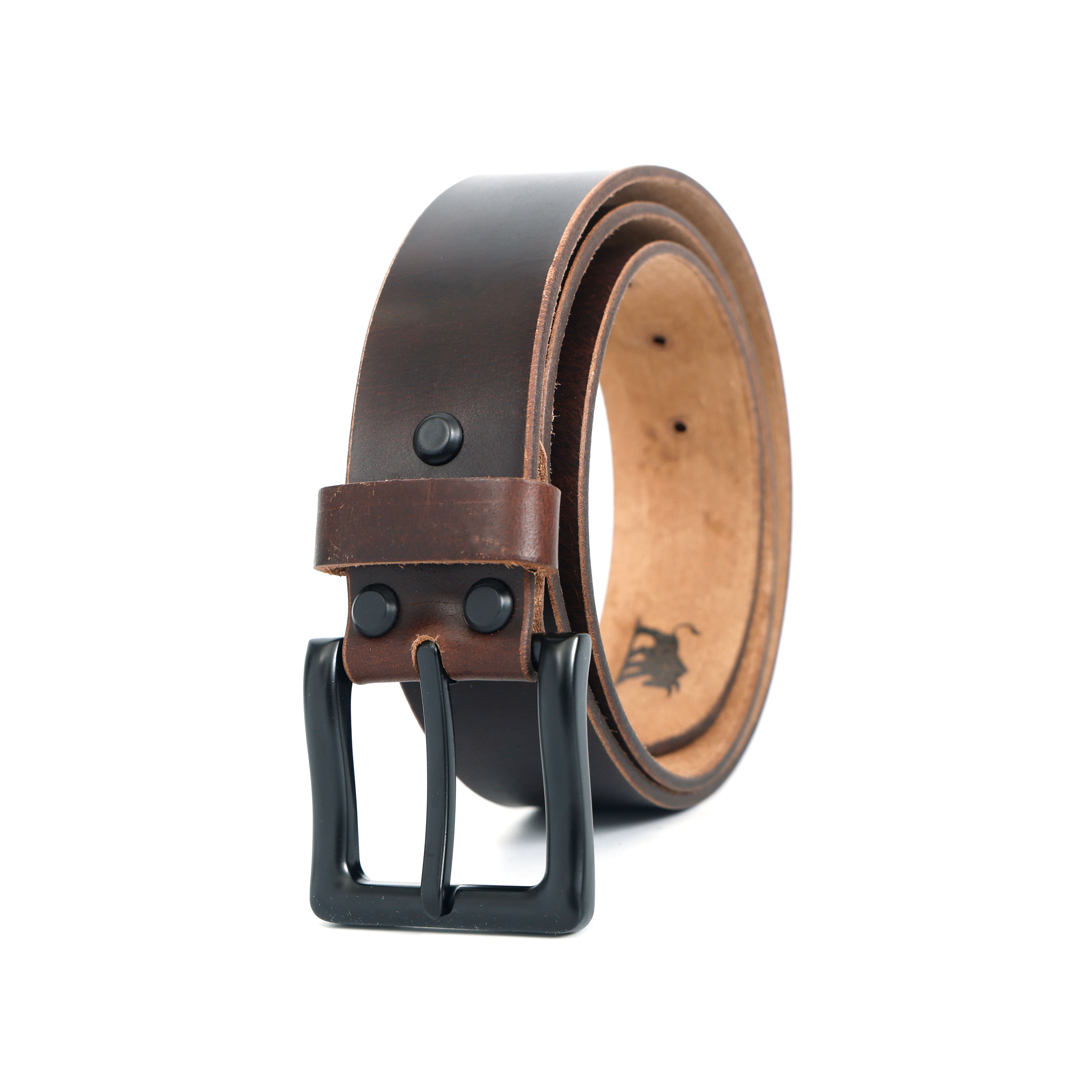 GM Leather Auckland premium full grain men's leather belt in dark brown rolled up with a heavy-duty matte black buckle
