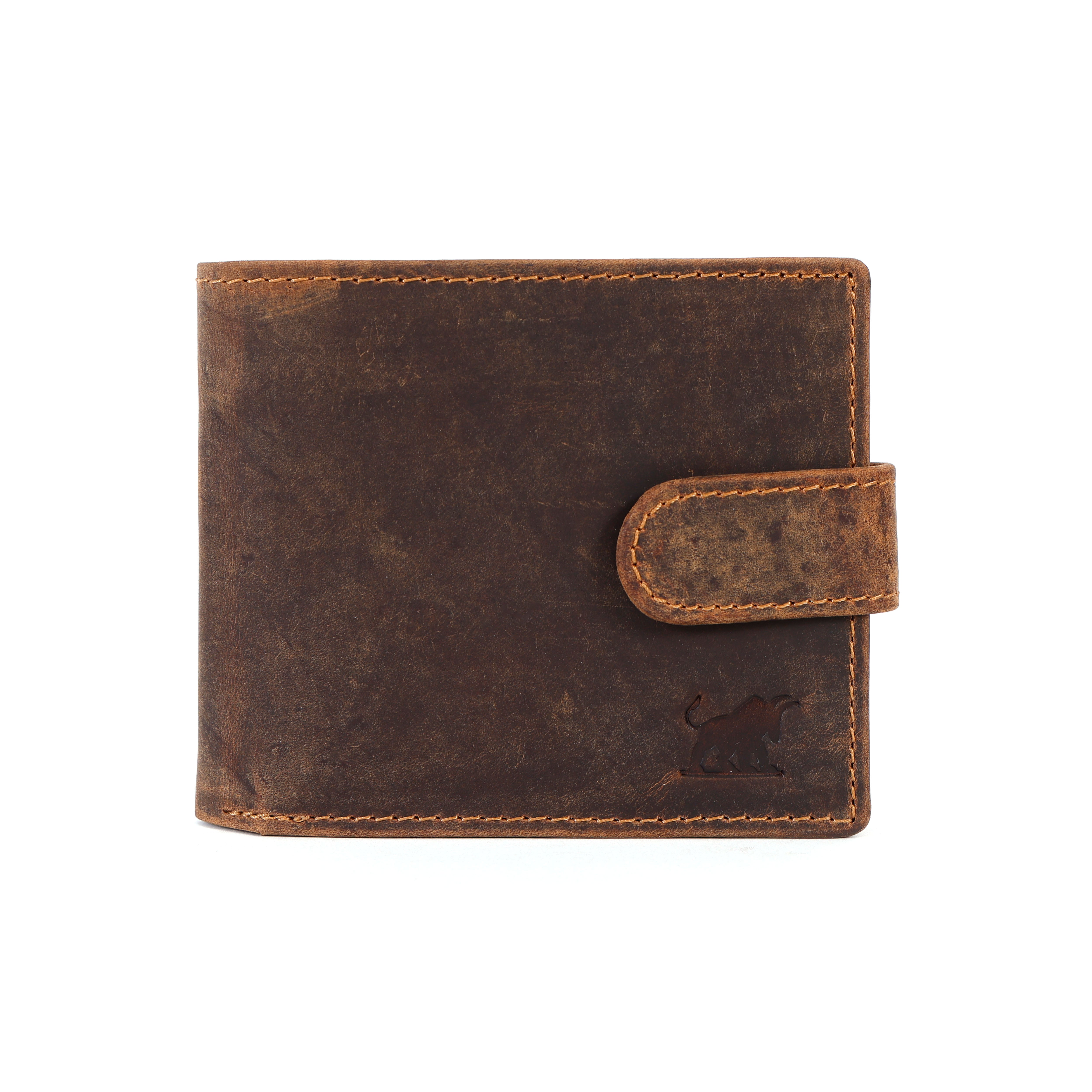 Premium hunter brown distressed genuine leather men's trifold wallet showing raw grain textures and an embossed bull logo by GM Leather Auckland.