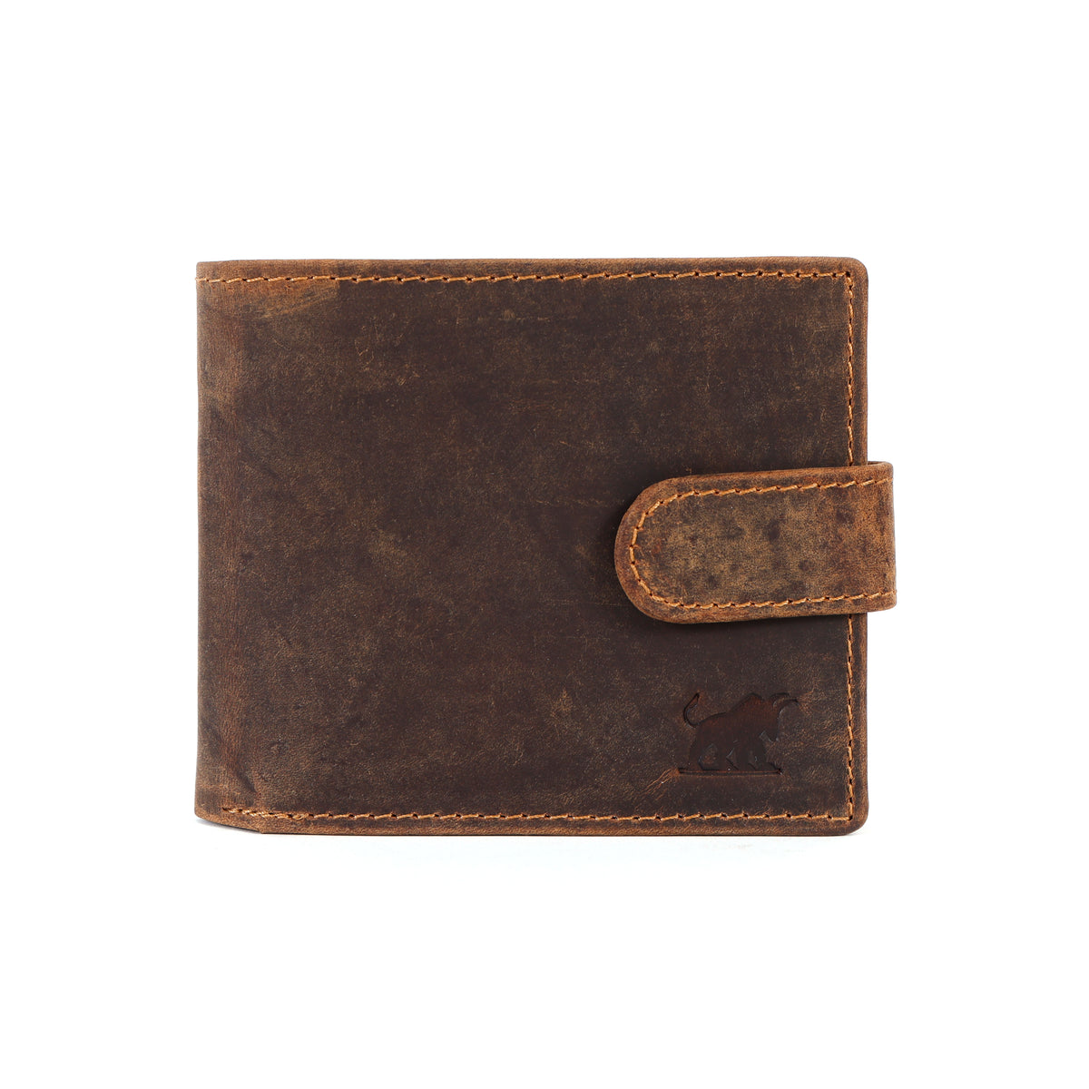 Premium hunter brown distressed genuine leather men's trifold wallet showing raw grain textures and an embossed bull logo by GM Leather Auckland.