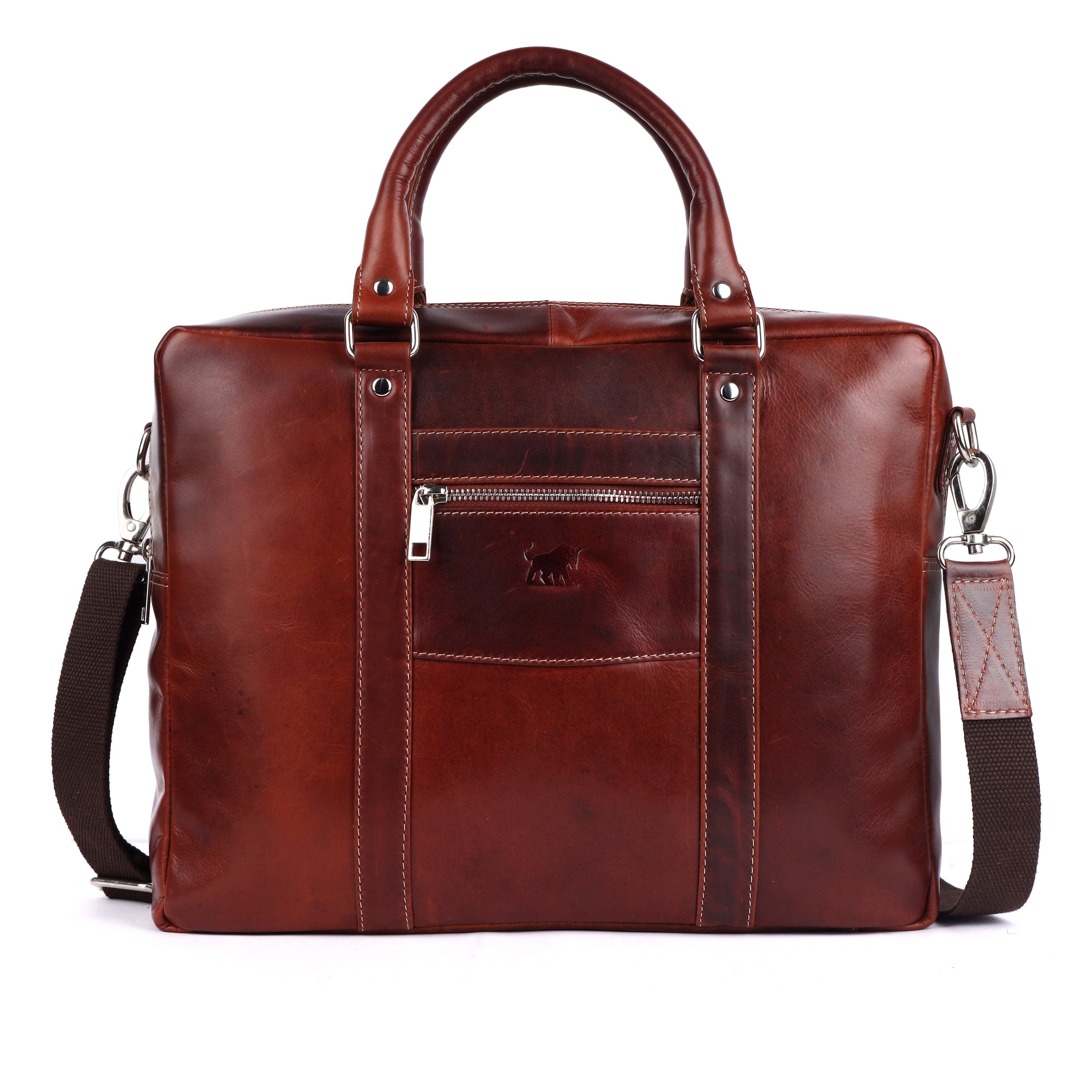 GM Leather Auckland premium men's leather briefcase in cognac brown showing the structured front panel design, dual leather handles, and front zip pocket.