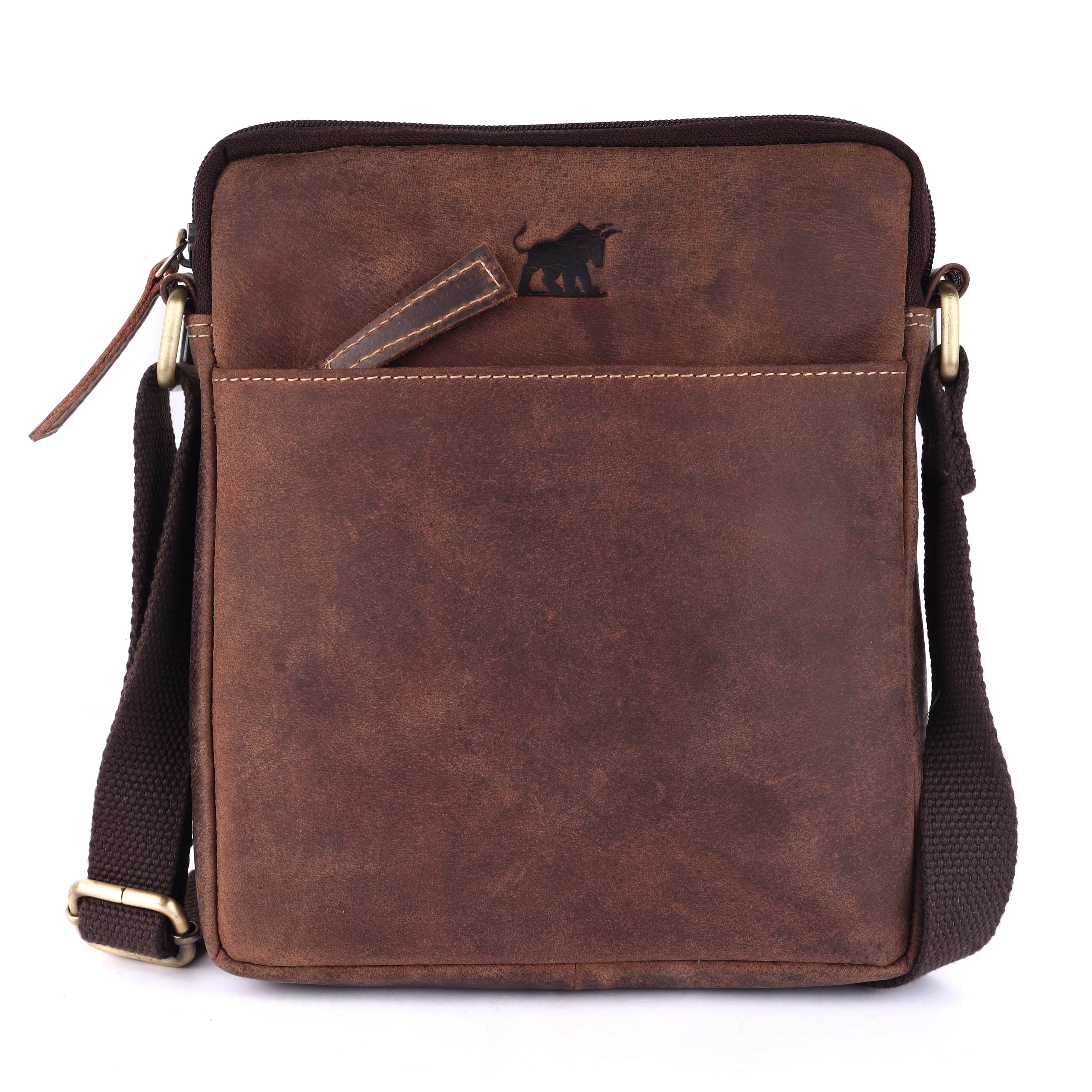 GM Leather Auckland premium men's leather crossbody bag in rugged full-grain brown leather featuring a top zipper closure and a front slip pocket.