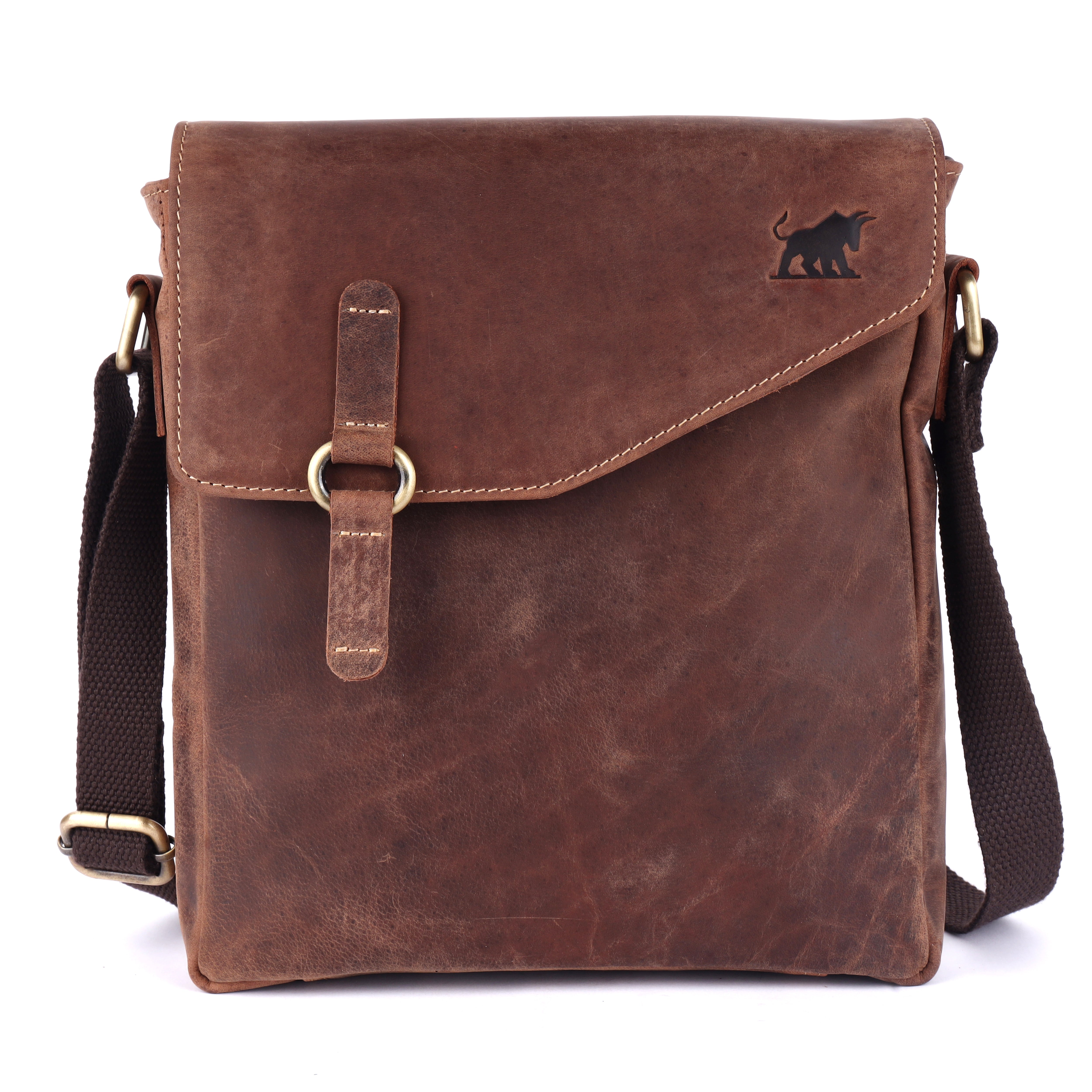 GM Leather Auckland premium men's leather messenger bag in rugged full-grain brown leather featuring a front flap closure with brass hardware.