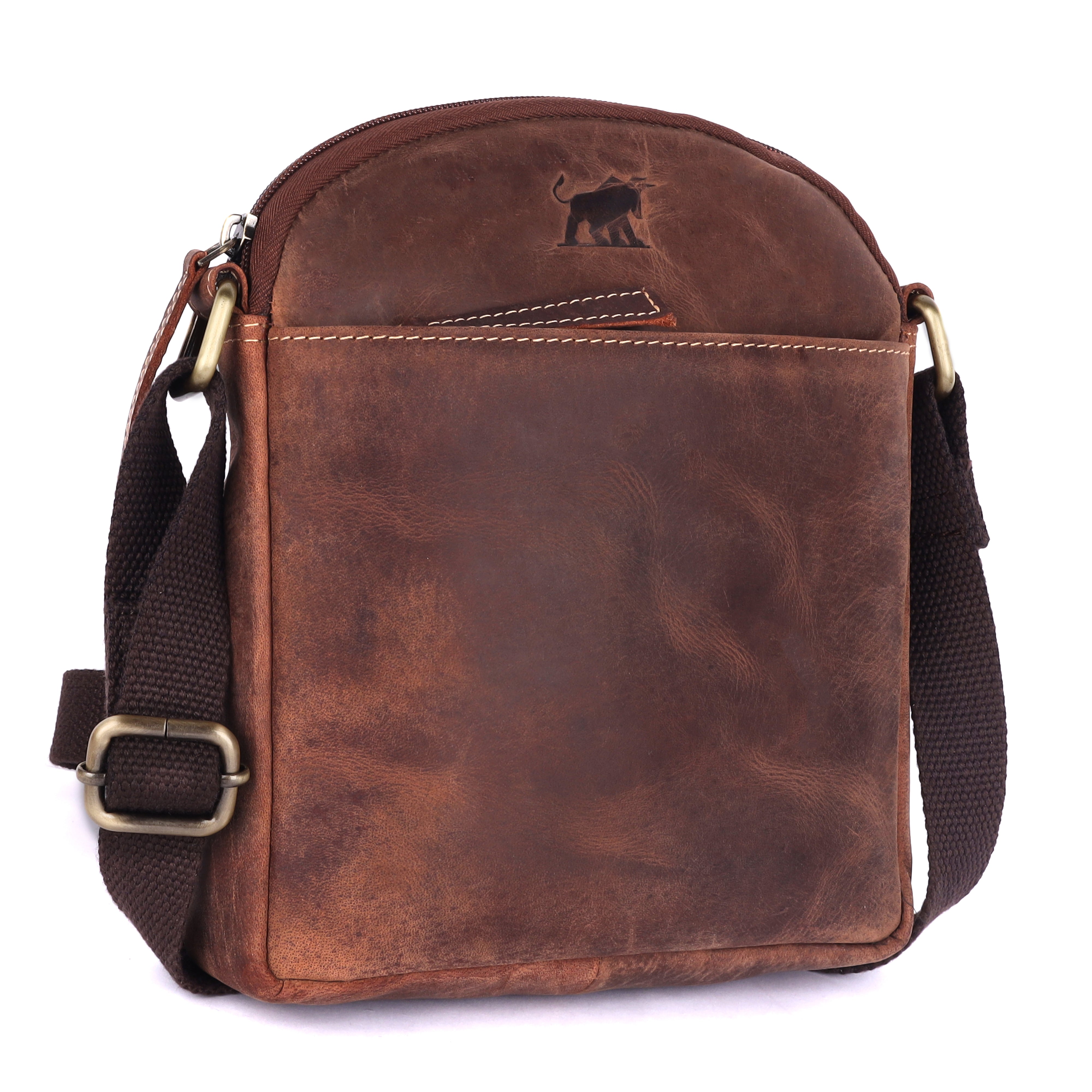 GM Leather Auckland premium men's leather shoulder bag in rich brown full-grain leather featuring a unique curved top zipper and front stash pocket.