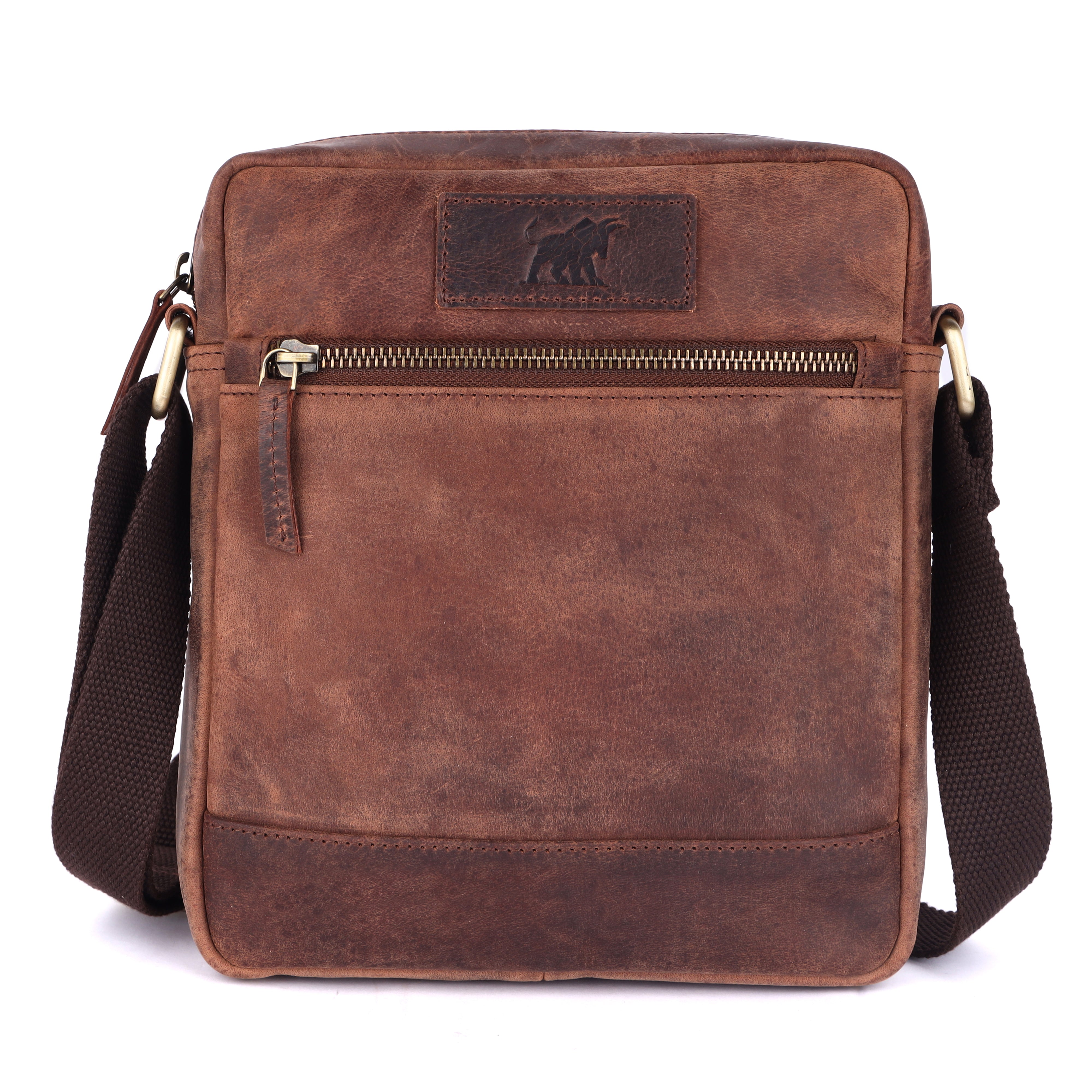GM Leather Auckland premium men's leather utility bag in rugged full-grain brown leather featuring a distinct zippered front pocket.