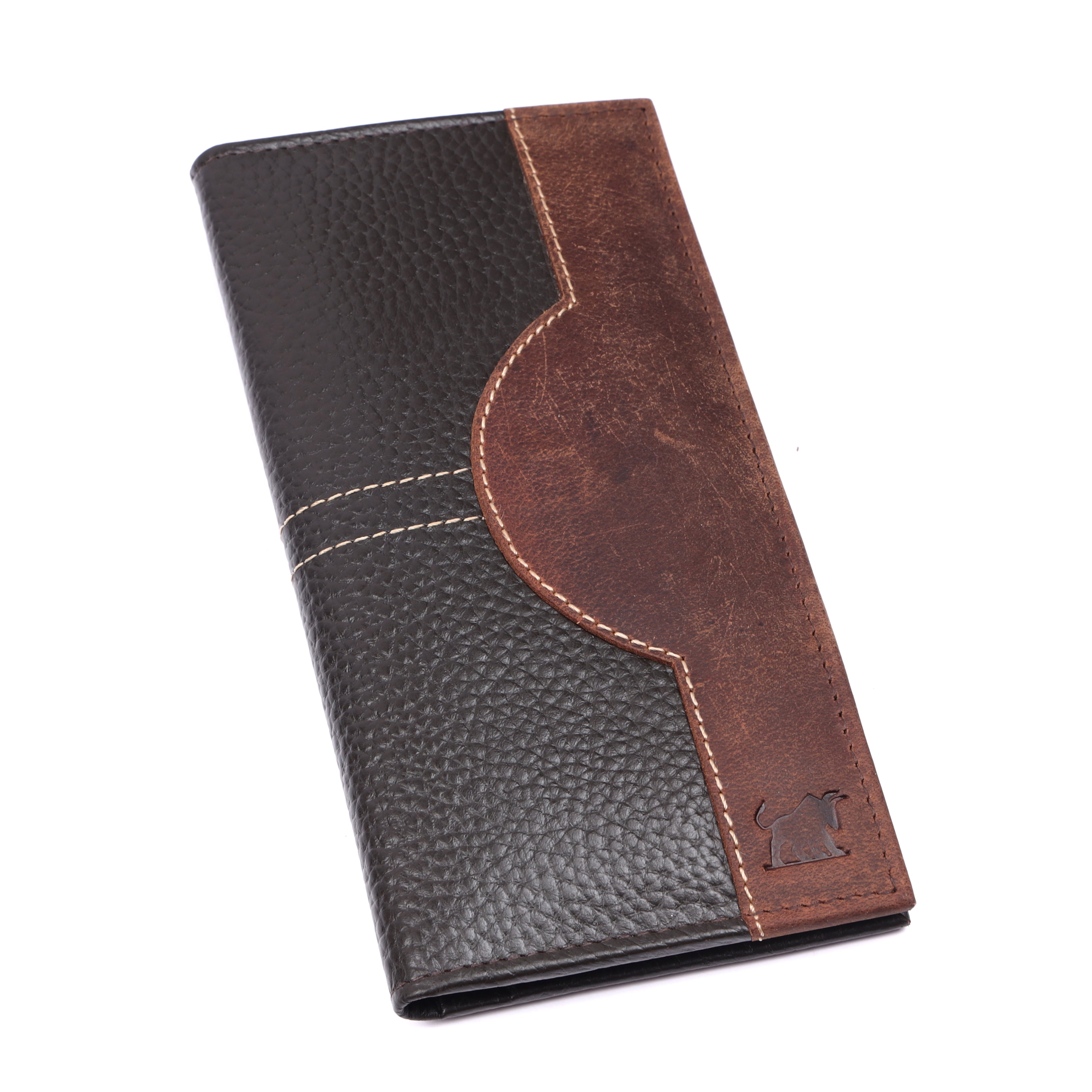 GM Leather Auckland Men's Long Leather Wallet in dual-tone textured dark brown and smooth tan premium leather.