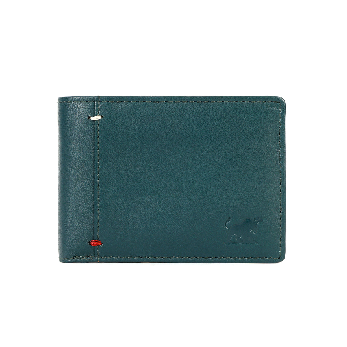 GM Leather Auckland men's premium bifold leather wallet in a rich deep teal color, featuring a rugged embossed bull emblem.