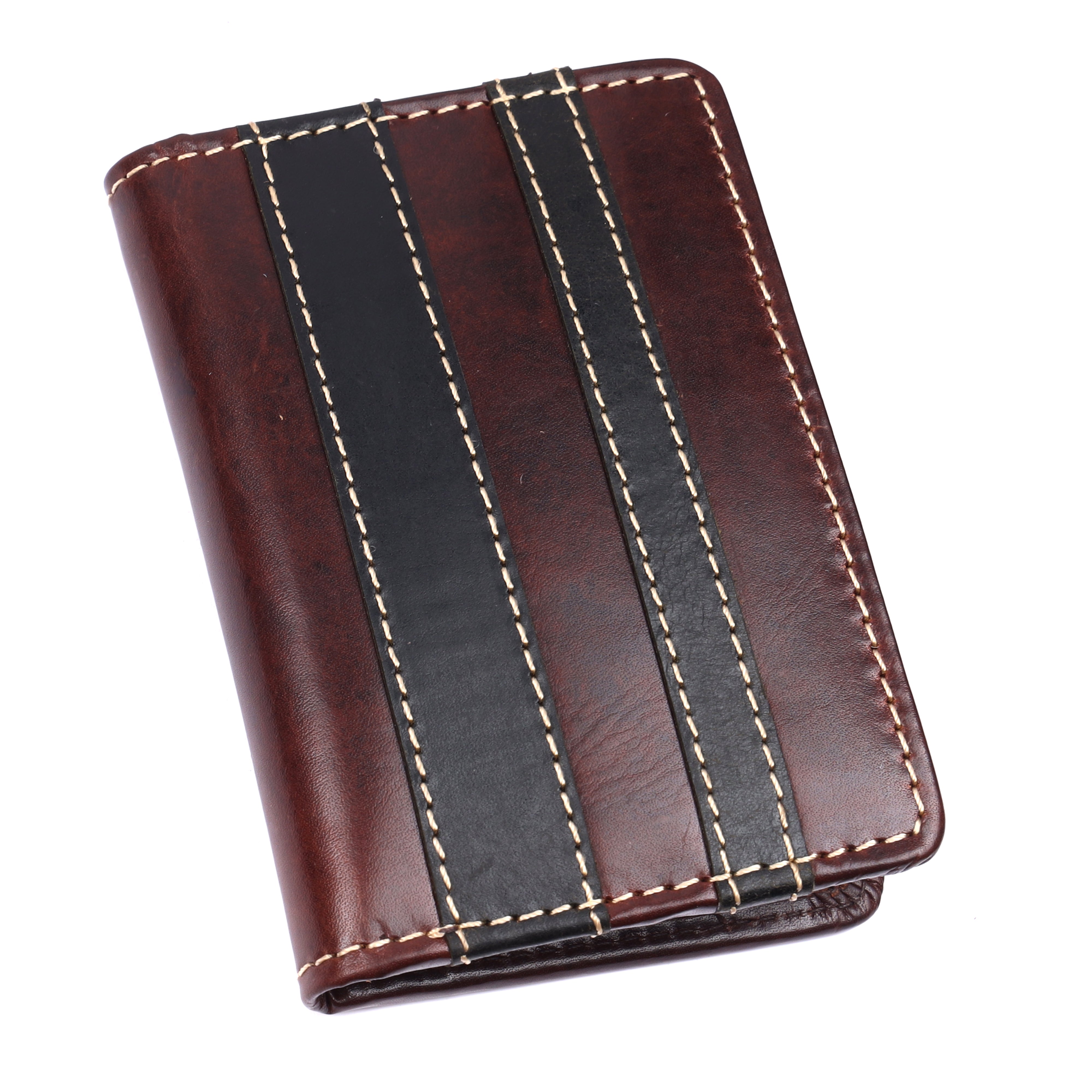 GM Leather Auckland Men's RFID Leather Card Wallet in premium dark brown with black stripes and contrast stitching.
