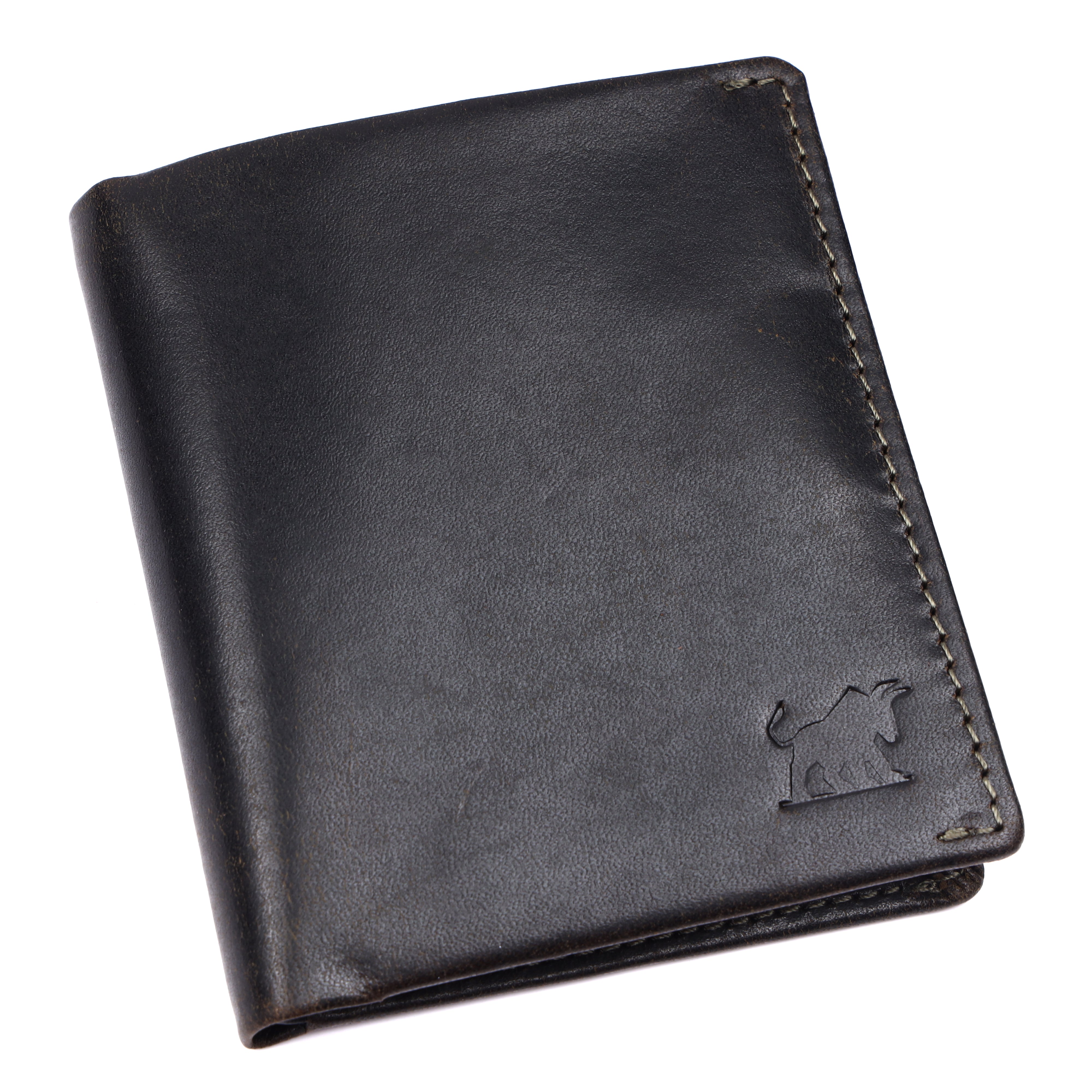 GM Leather Auckland men's slim black full-grain leather wallet with an embossed bull logo and rugged texture shown at an angle.