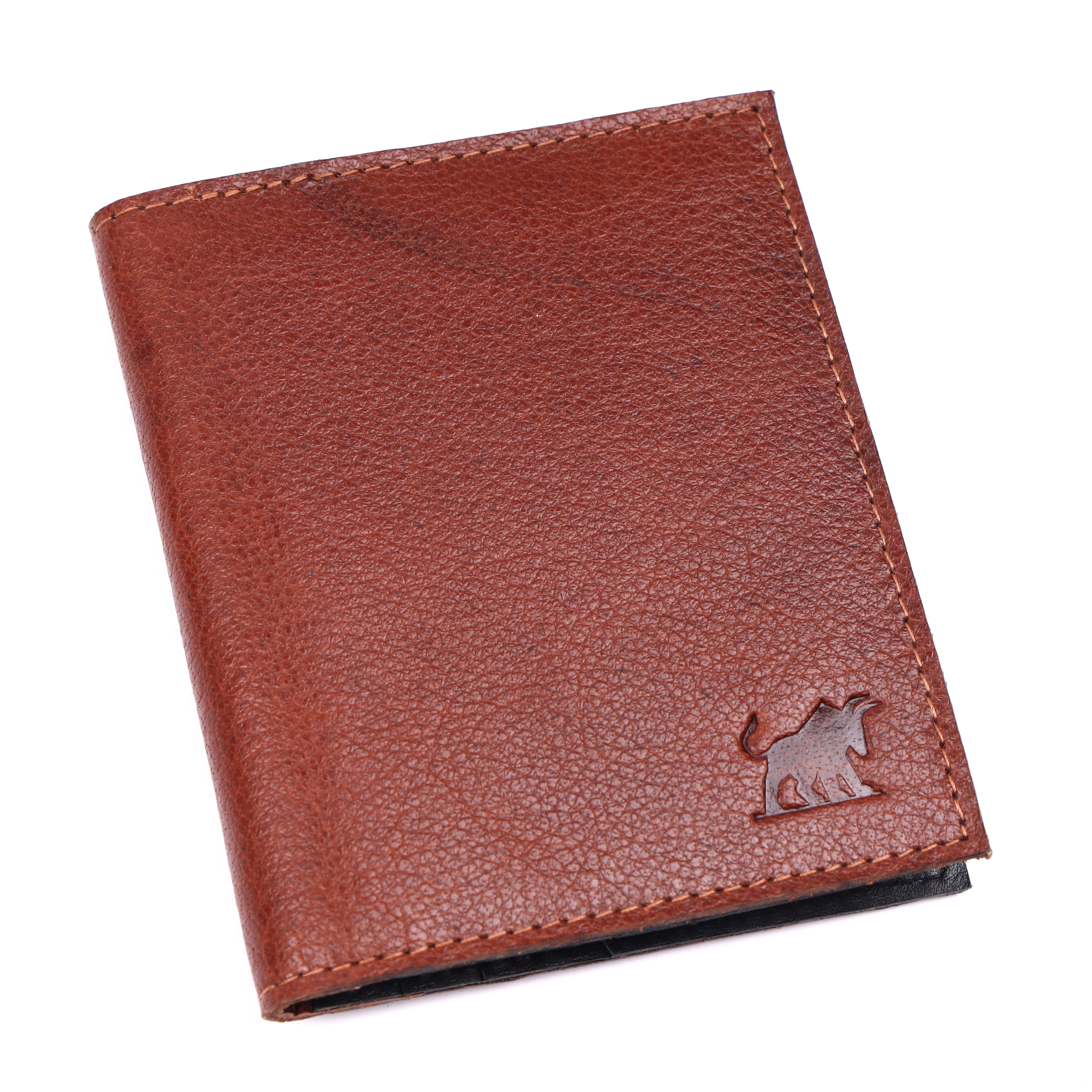 GM Leather Auckland men's slim dual-tone brown and black full-grain leather wallet with an embossed bull logo shown at an angle.