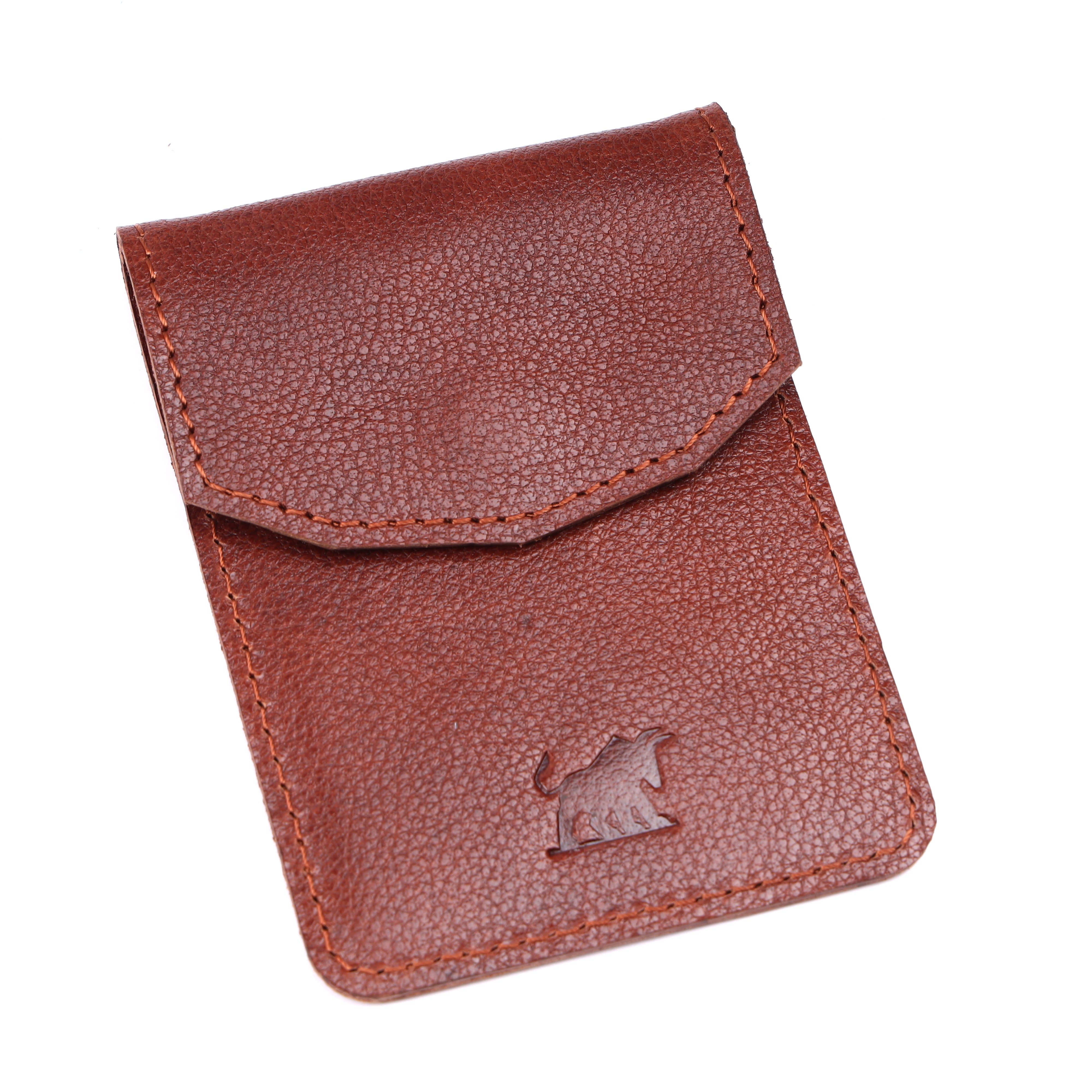 GM Leather Auckland men's compact vertical brown full-grain leather card pouch with a fold-over top flap and embossed bull logo at an angle.