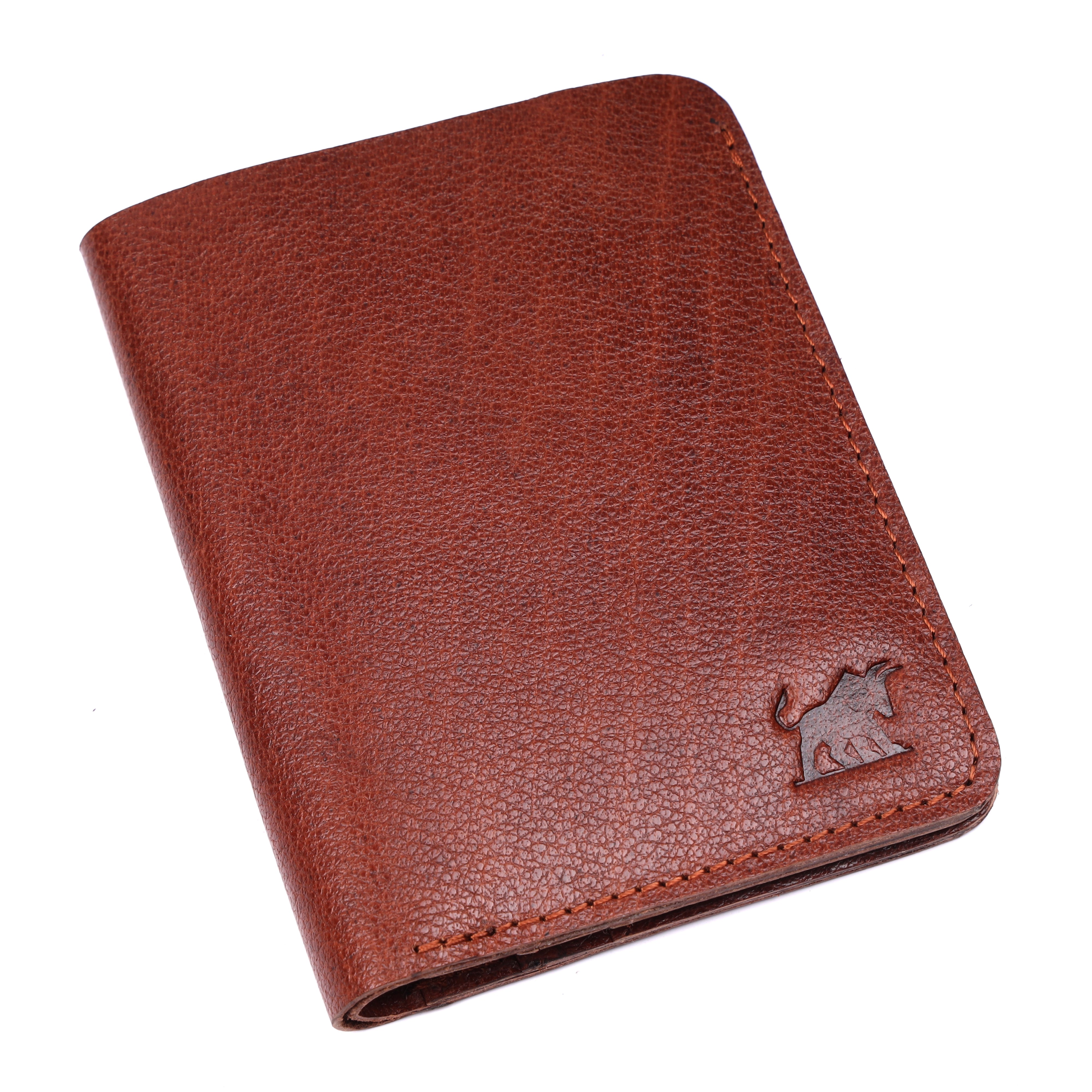 GM Leather Auckland men's slim brown full-grain leather wallet featuring a rugged texture and an embossed bull logo.
