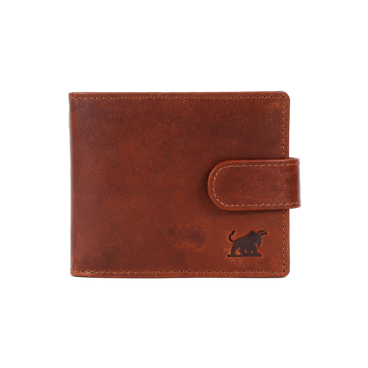 premium brown genuine leather men's bifold wallet featuring an exterior snap-fastening security tab and an embossed bull logo by GM Leather Auckland.