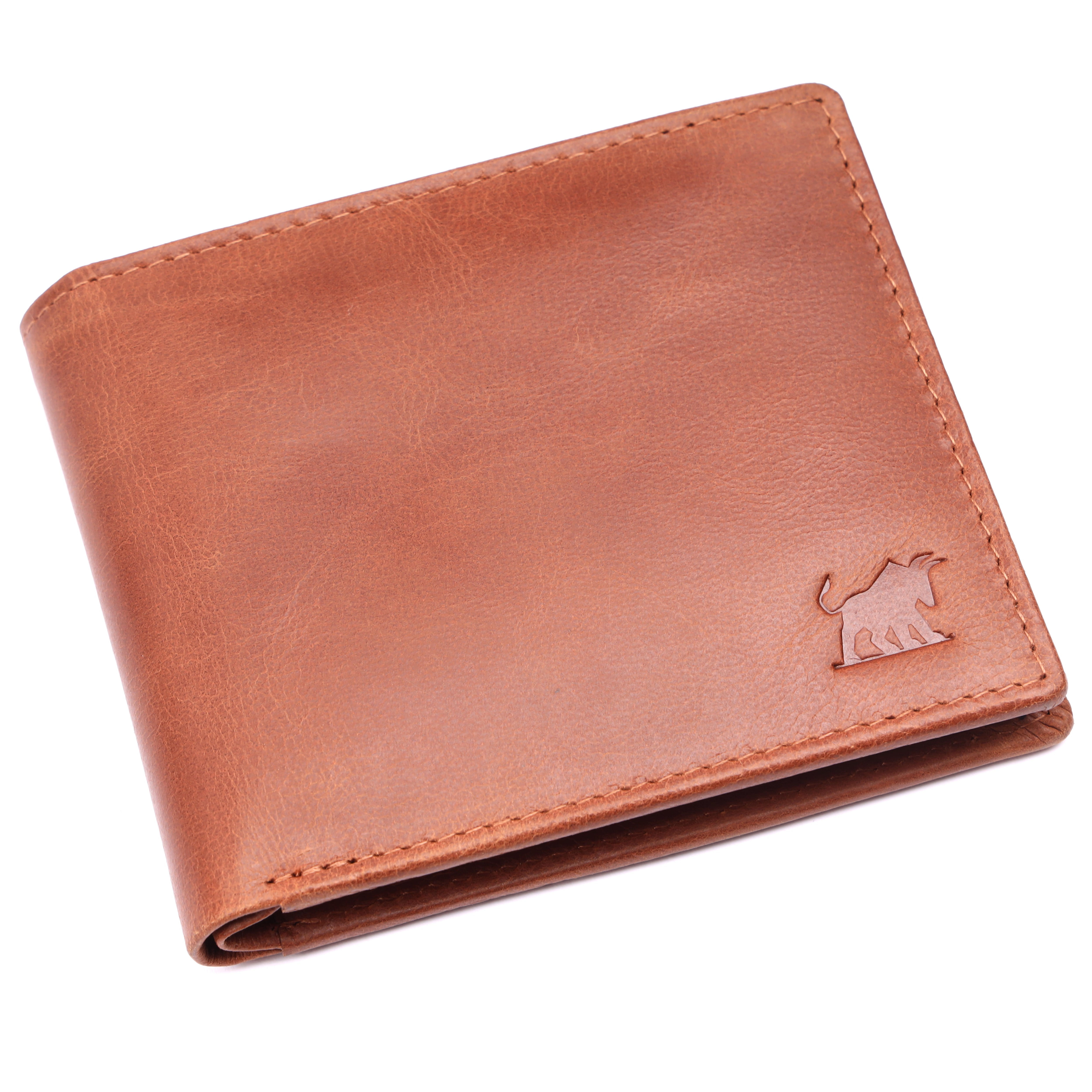Handcrafted minimalist men’s tan genuine full-grain leather classic bifold wallet featuring stamped bull logo by GM Leather Auckland.