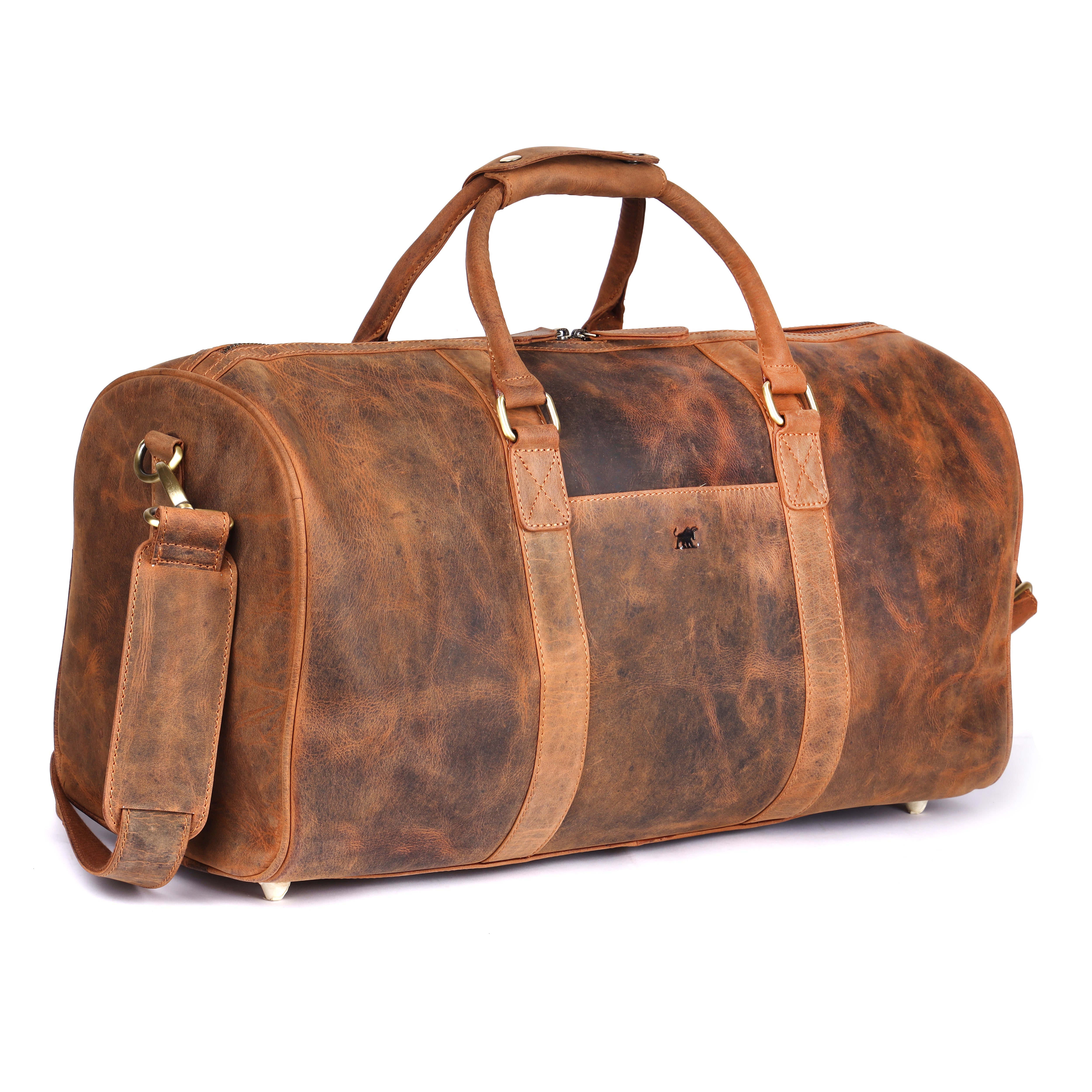 GM Leather Auckland premium men's leather duffle bag in tan, showing the front profile with reinforced carry straps, brass hardware, and attached shoulder strap.