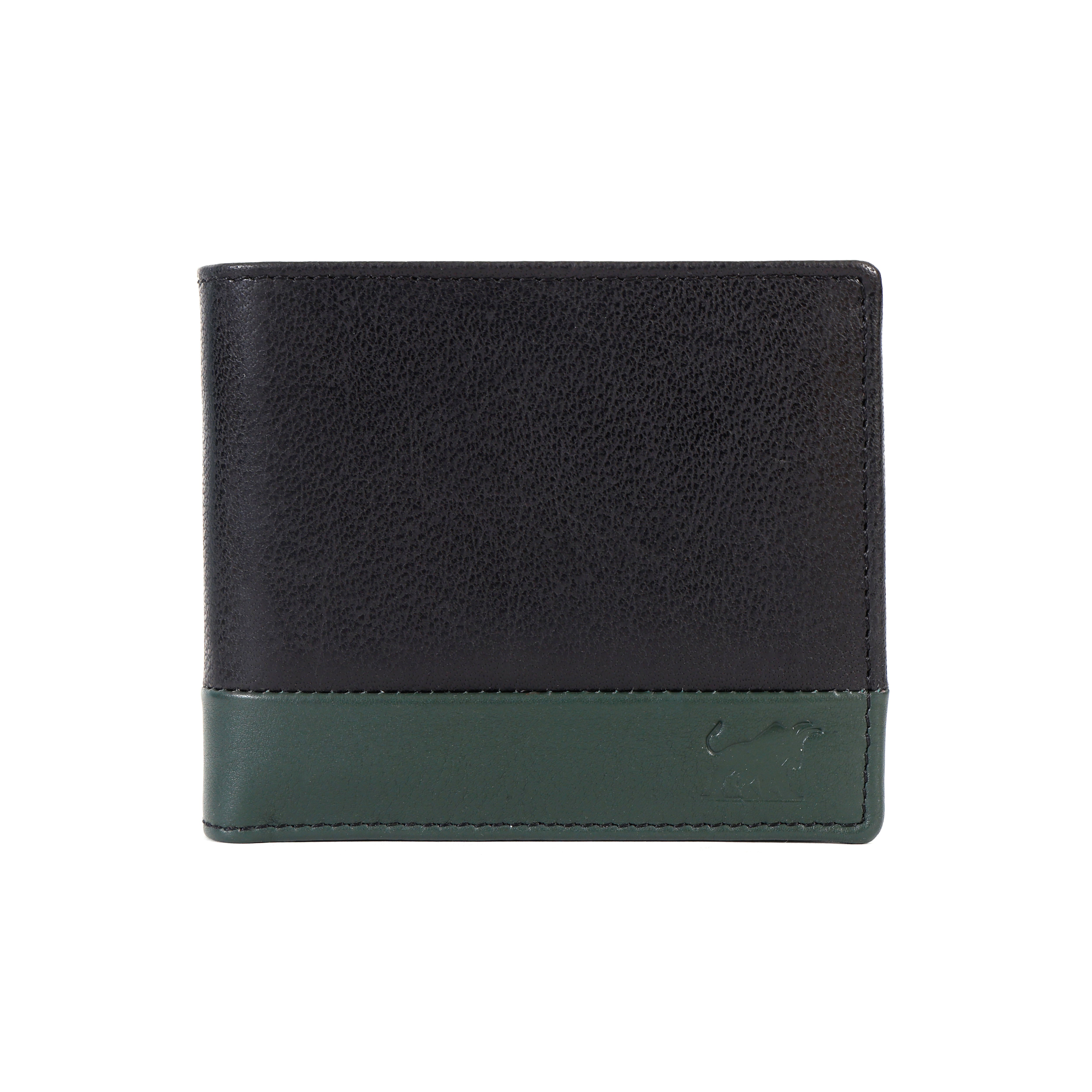 premium black genuine leather men's bifold wallet with a distinct dark forest green bottom panel and an embossed bull logo by GM Leather Auckland.