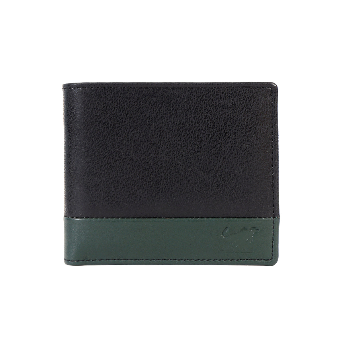premium black genuine leather men's bifold wallet with a distinct dark forest green bottom panel and an embossed bull logo by GM Leather Auckland.