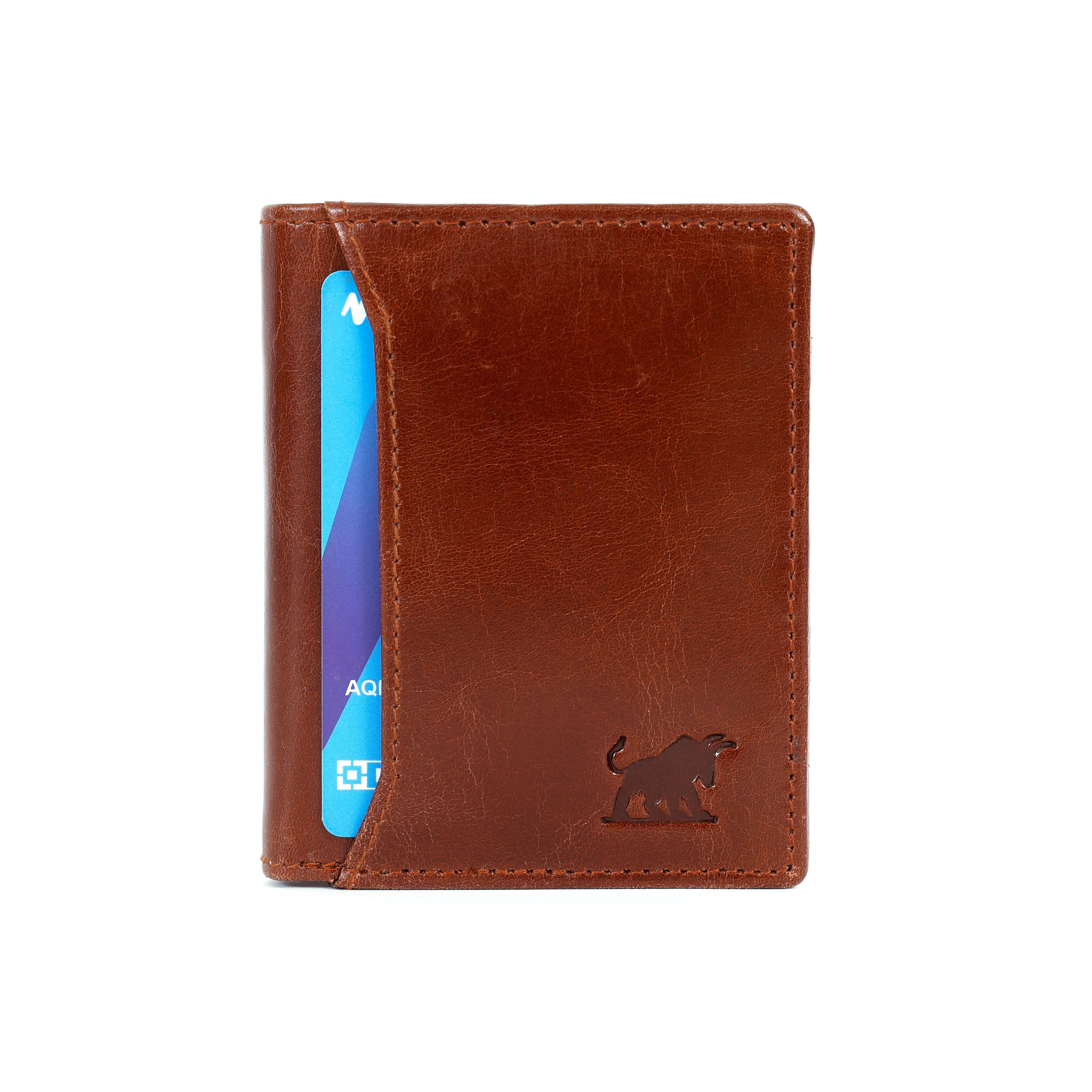 GM Leather Auckland men's leather wallet in premium full-grain brown showing the closed vertical bifold front profile with a fast-access exterior card slot and a stamped bull logo