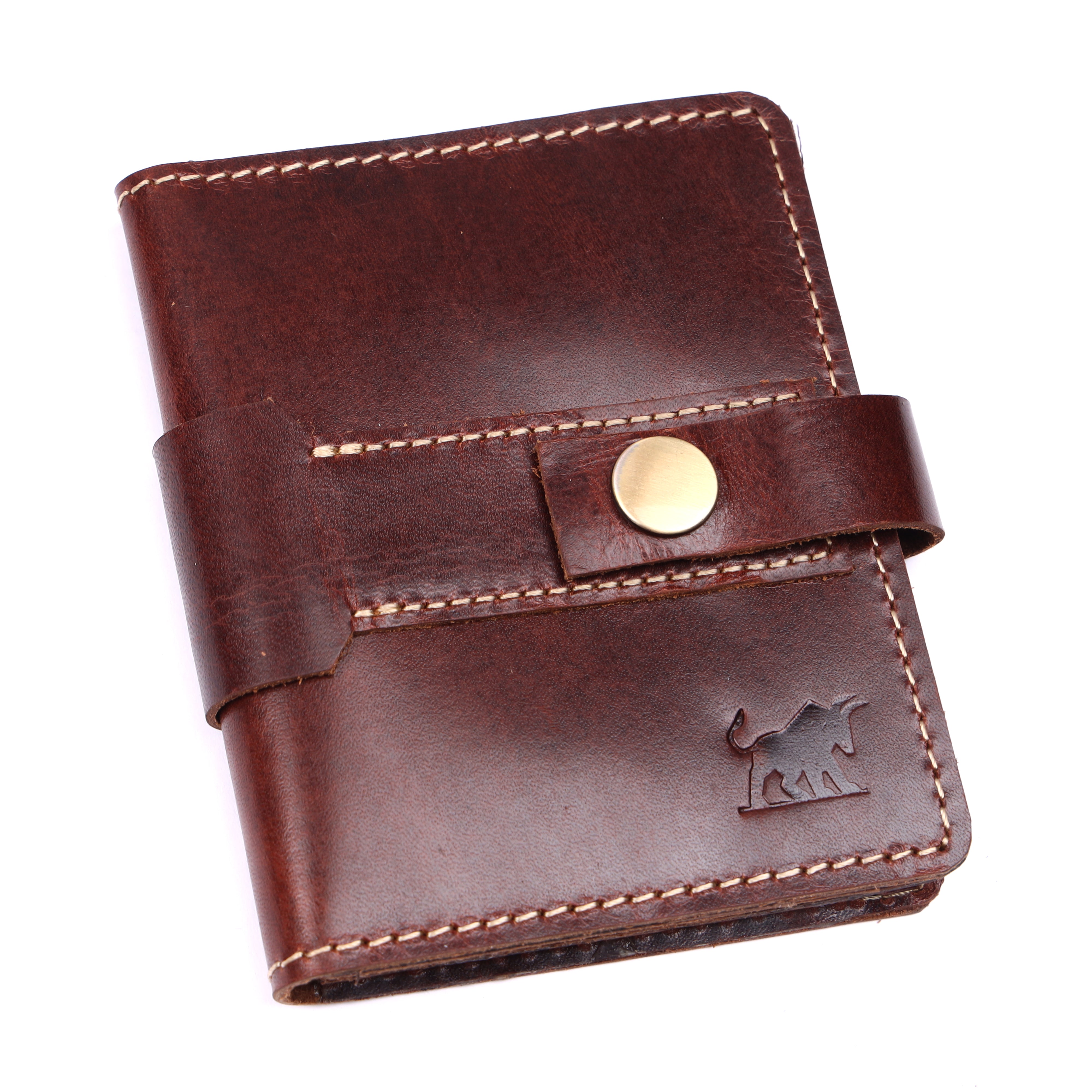 GM Leather Auckland men's vertical dark brown full-grain leather card wallet with a snap-button closure strap and embossed bull logo at an angle.