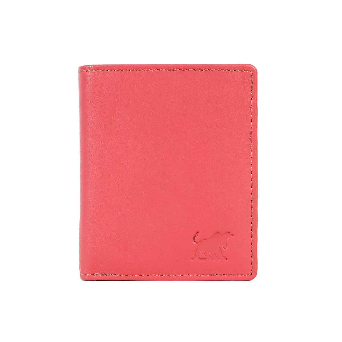 GM Leather Auckland men's leather wallet in premium full-grain salmon pink showing the closed vertical bifold front profile with clean perimeter stitching and a stamped bull logo