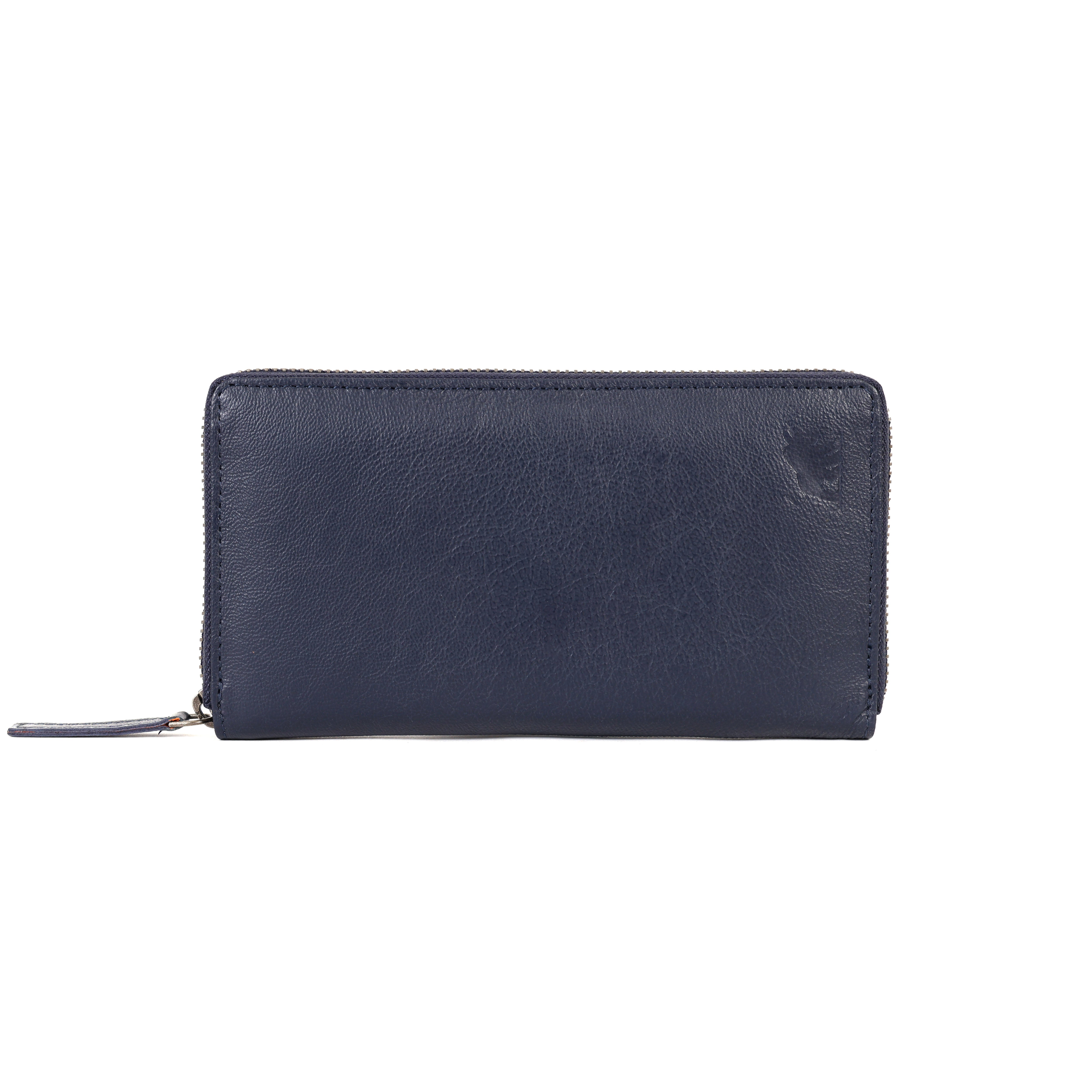 GM Leather Auckland premium navy blue pebbled leather zip-around clutch wallet for women.
