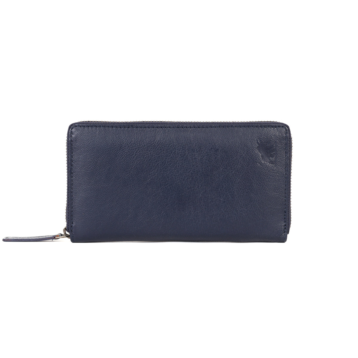 GM Leather Auckland premium navy blue pebbled leather zip-around clutch wallet for women.