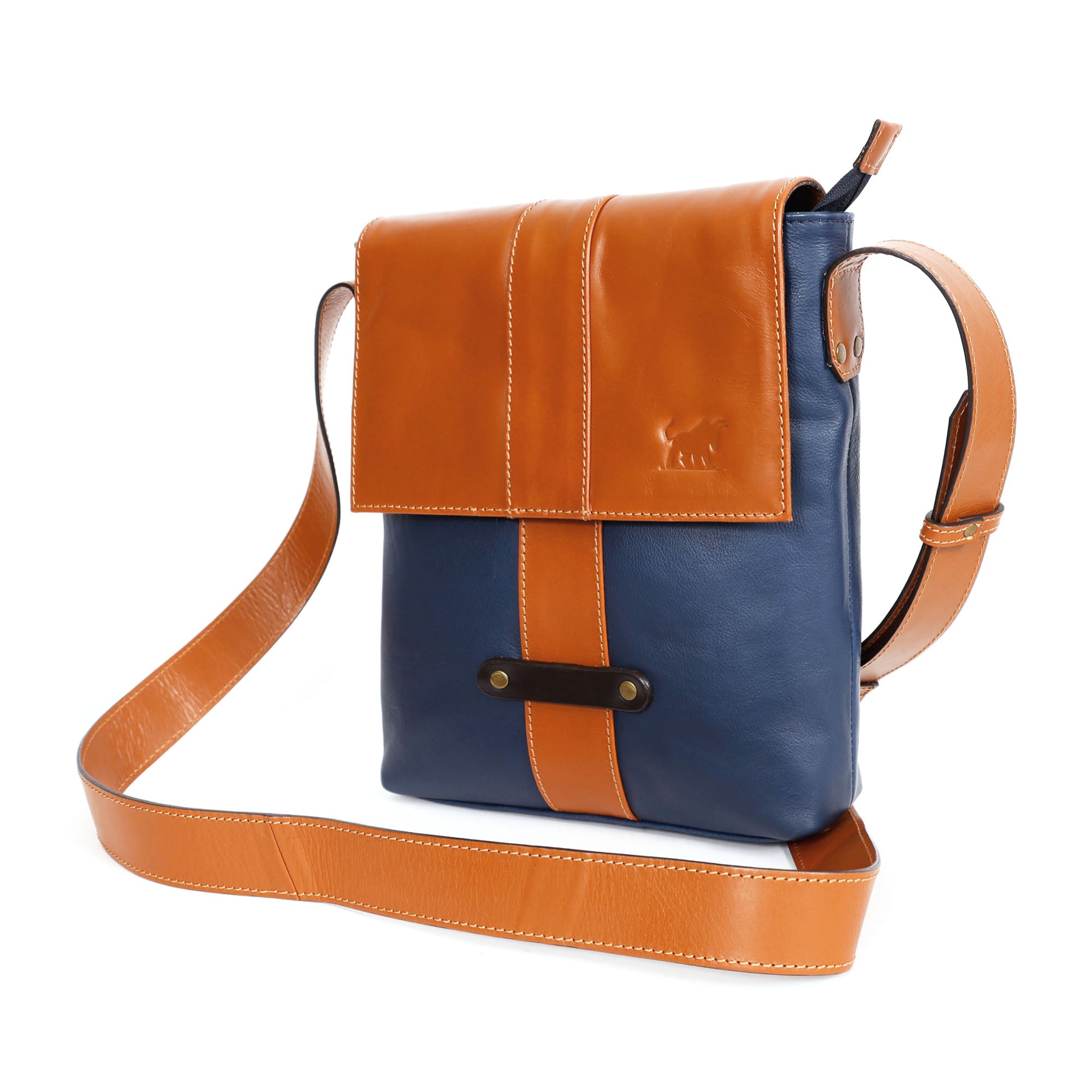GM Leather Auckland premium leather messenger bag in two-tone navy blue and tan full-grain leather front view