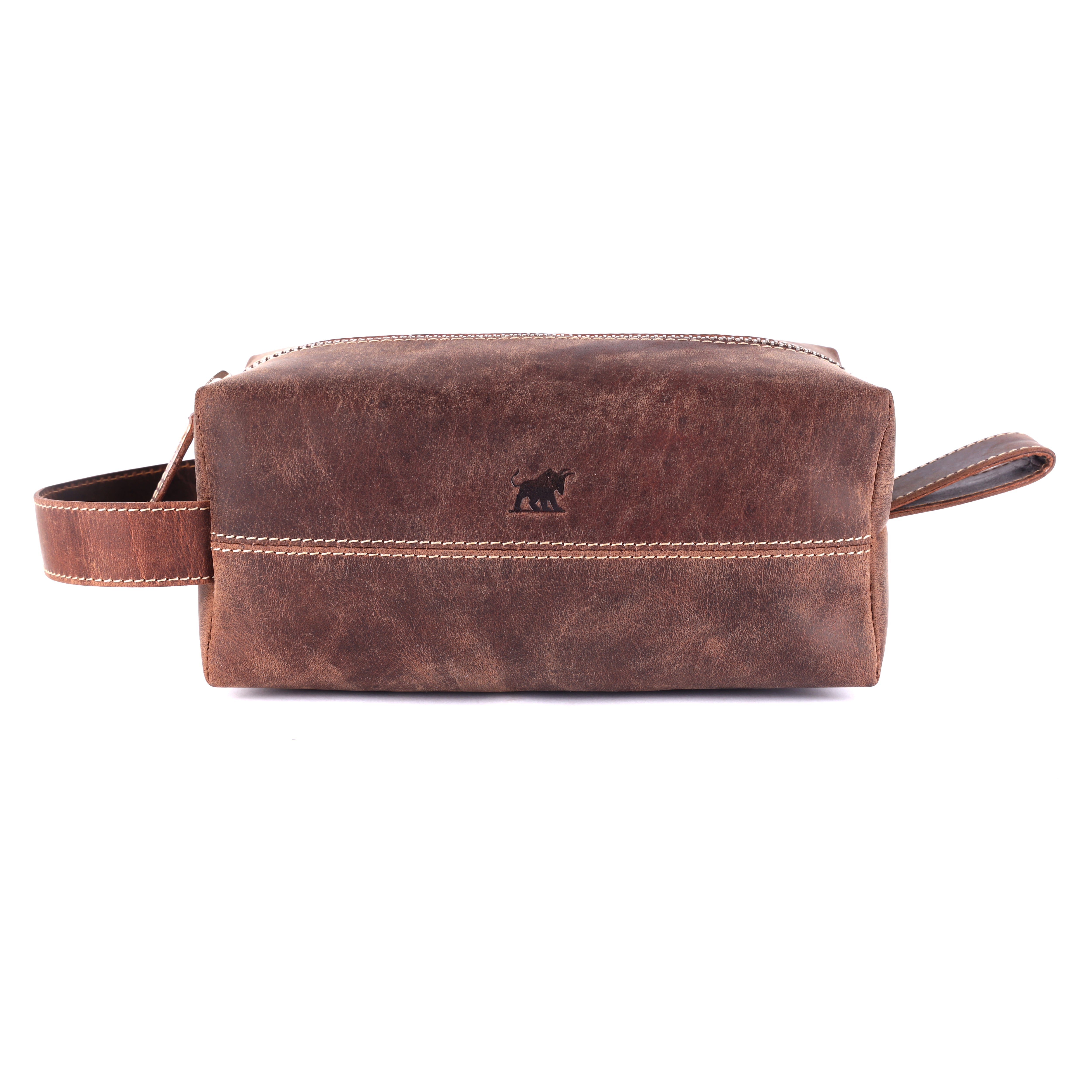 GM Leather Auckland premium men's leather toiletry bag in rugged full-grain brown leather featuring a top zipper closure and durable side grab handle.
