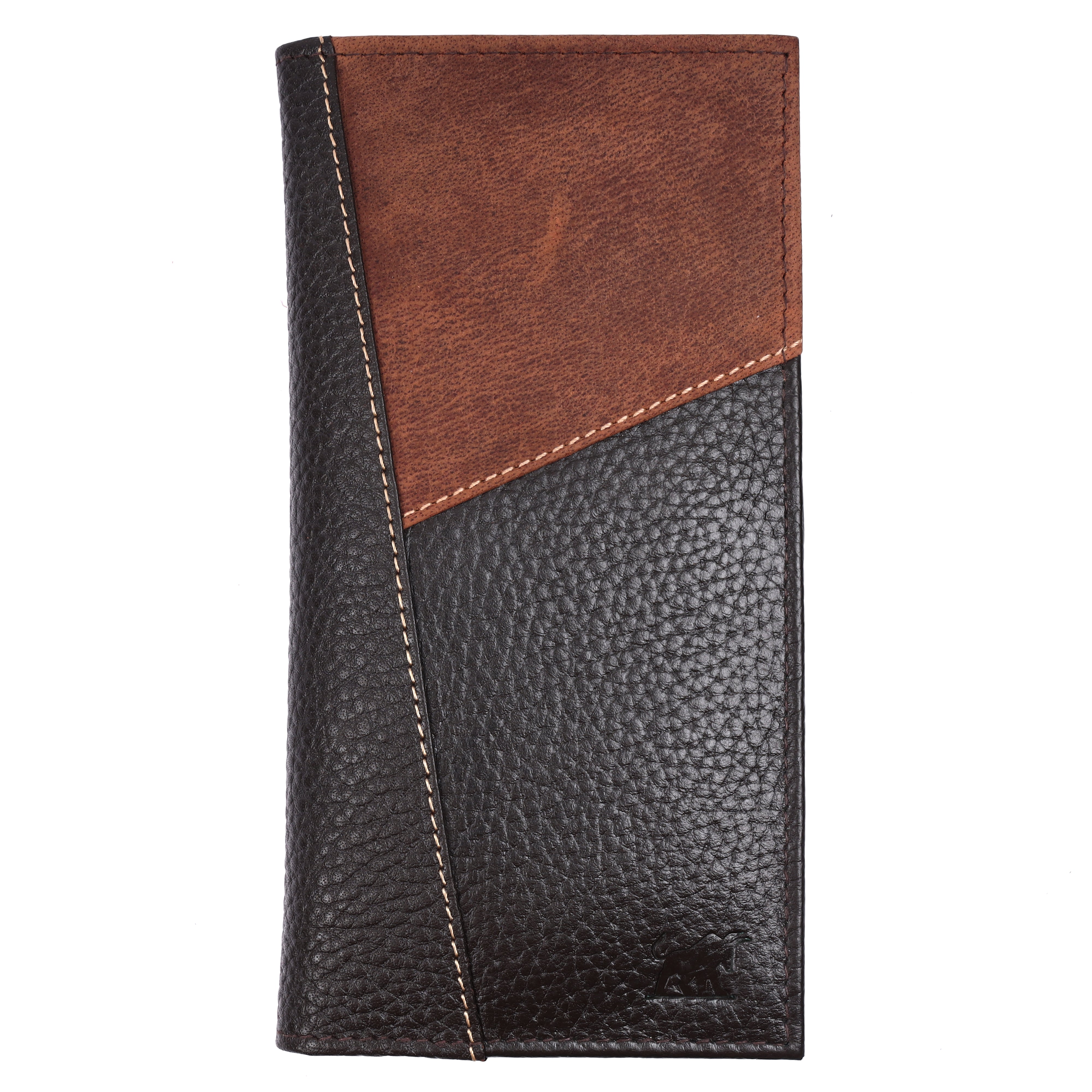 GM Leather Auckland premium unisex long black and brown textured full-grain leather clutch wallet displayed from an angled studio perspective.