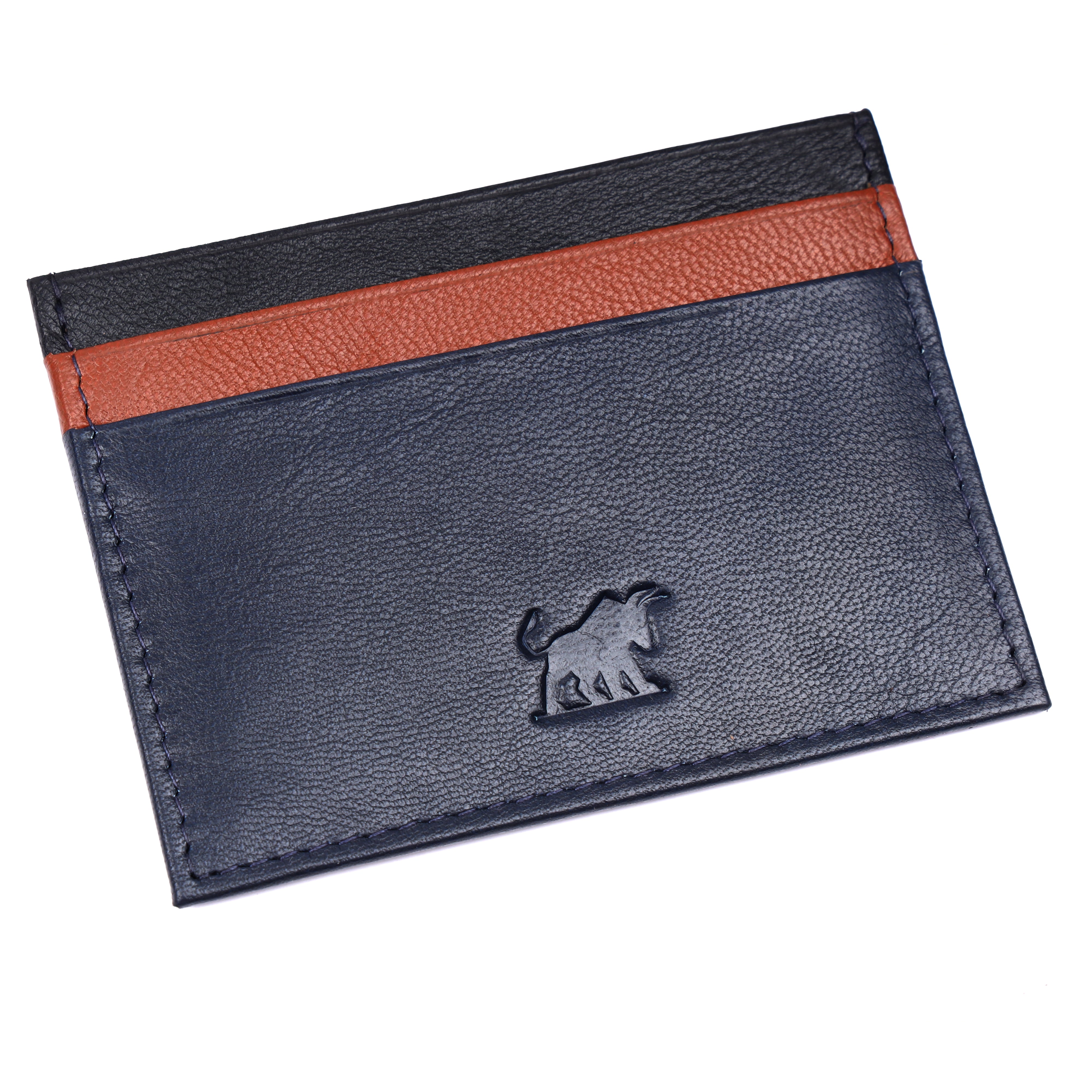GM Leather Auckland Slim Leather Card Holder in pebbled navy blue, tan, and black genuine leather with credit cards.