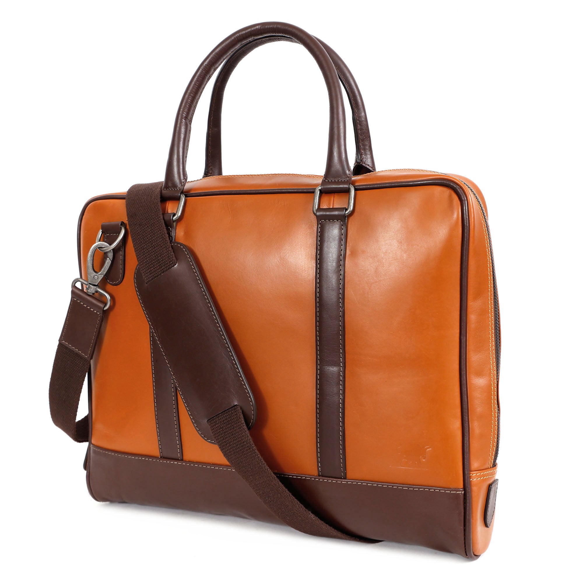 GM Leather Auckland premium tan and dark brown two-tone full-grain leather laptop briefcase with adjustable padded shoulder strap front perspective view.