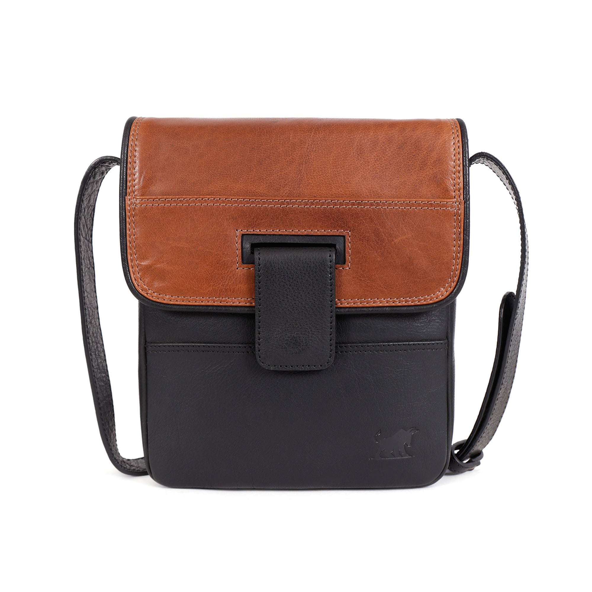 GM Leather Auckland premium leather crossbody bag in two-tone black and tan full-grain leather front view