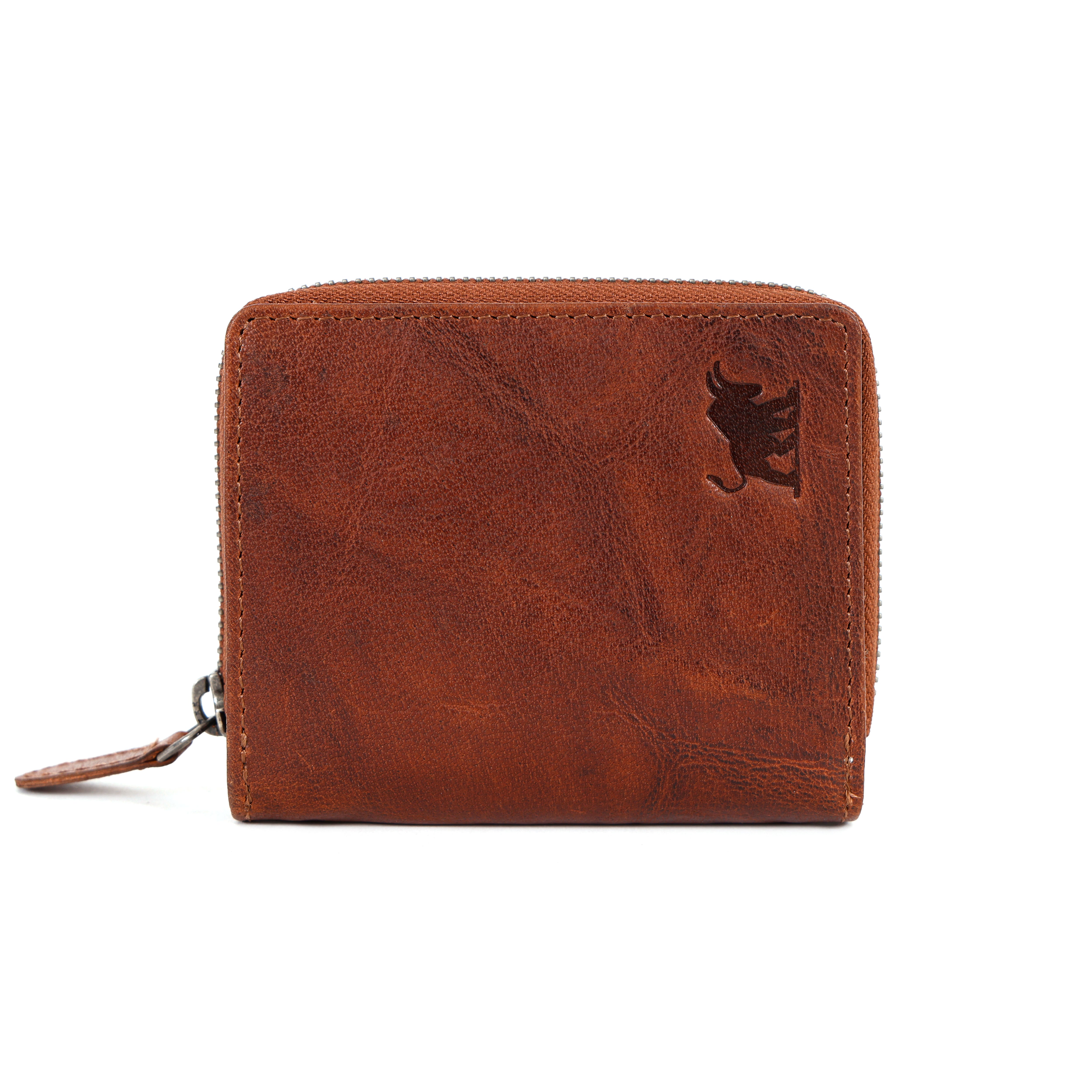 GM Leather Auckland premium brown full grain leather clutch wallet for women featuring a debossed bull logo on the front cover as shown