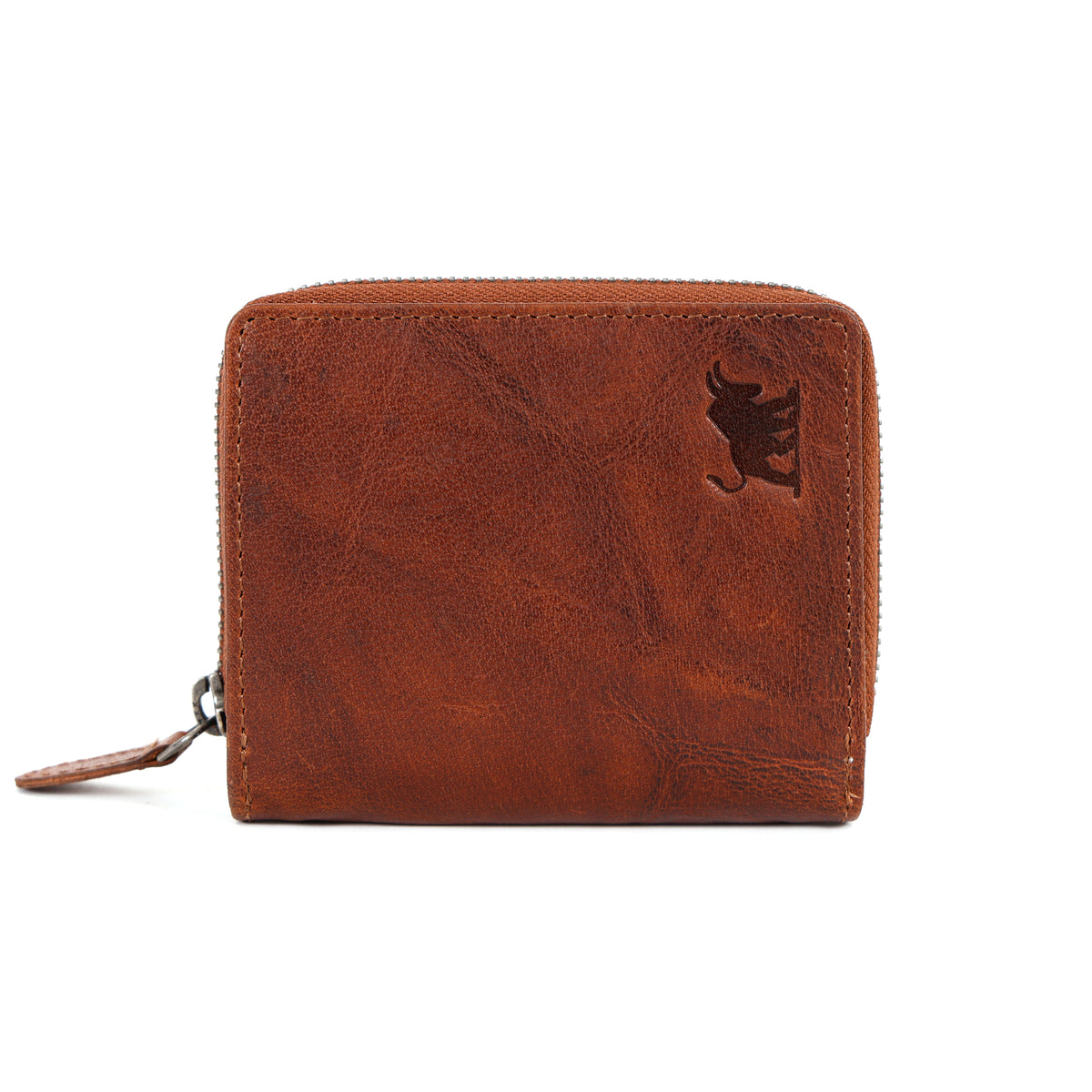 GM Leather Auckland premium brown full grain leather clutch wallet for women featuring a debossed bull logo on the front cover as shown