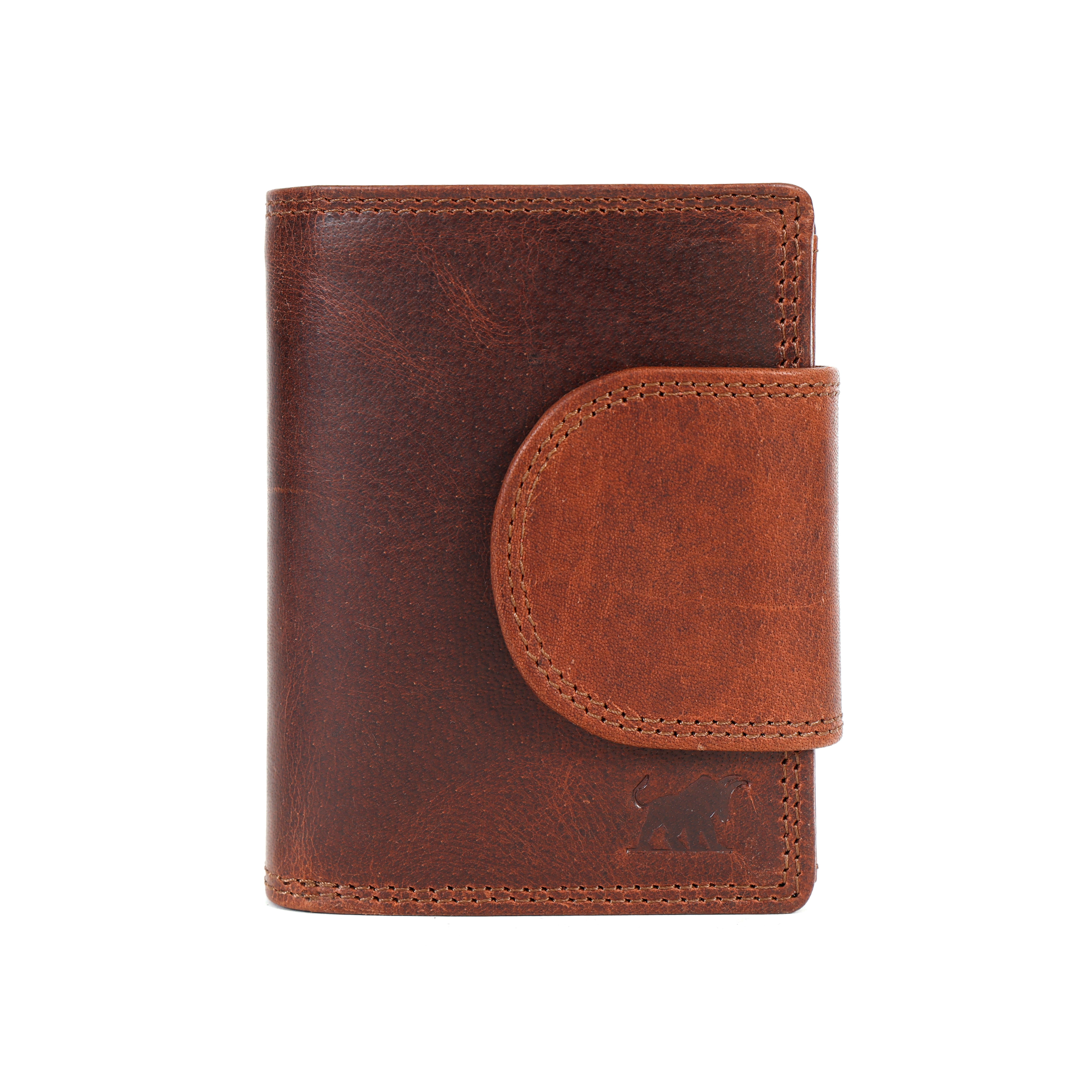 GM Leather Auckland premium brown full grain leather compact trifold wallet for women featuring a secure magnetic button flap and debossed bull logo