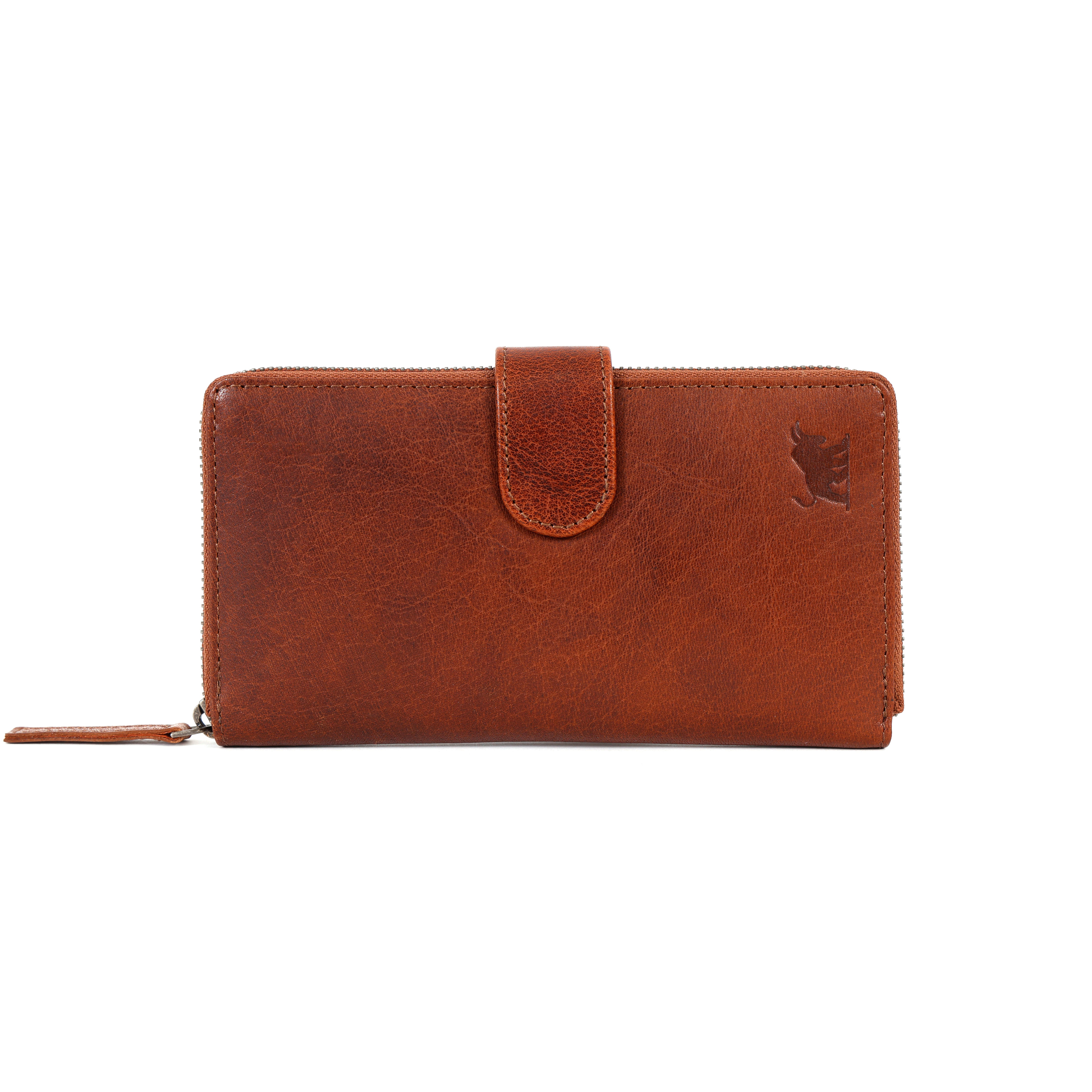 GM Leather Auckland premium brown full grain leather clutch wallet for women with magnetic button strap and debossed bull logo as shown