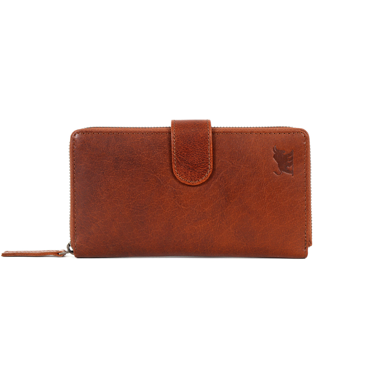 GM Leather Auckland premium brown full grain leather clutch wallet for women with magnetic button strap and debossed bull logo as shown