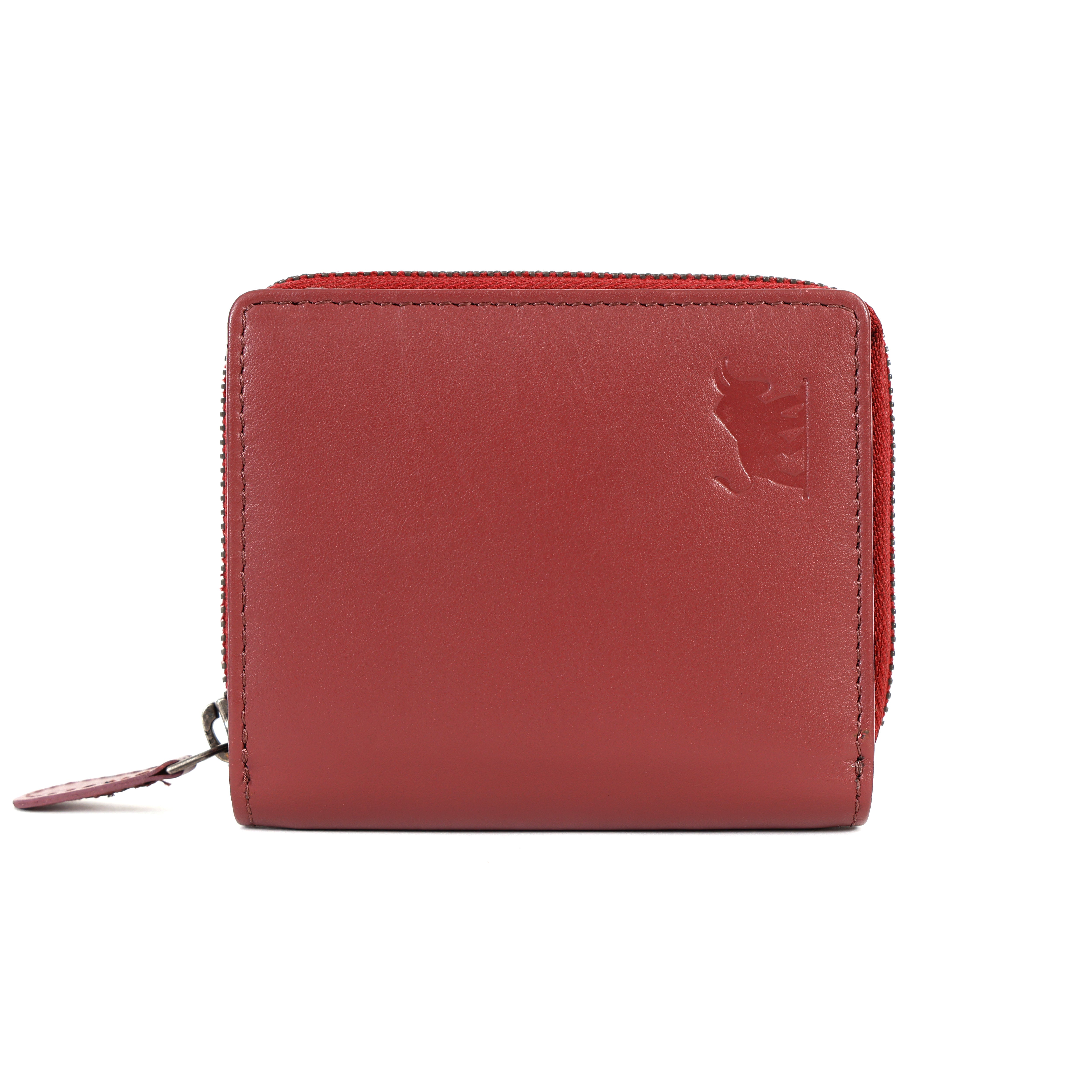 Auckland premium red leather clutch wallet for women featuring a clean finish and debossed bull logo as shown