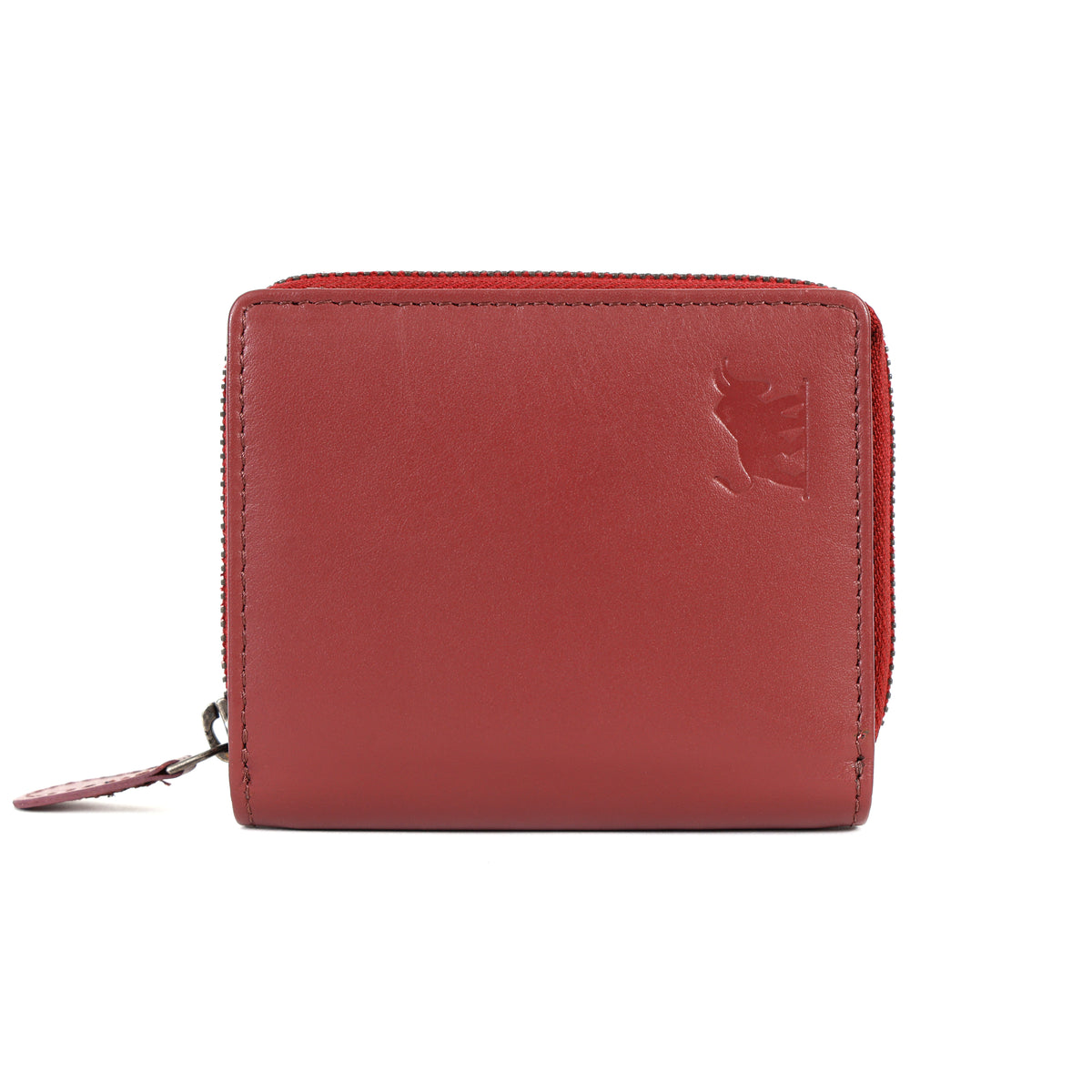 Auckland premium red leather clutch wallet for women featuring a clean finish and debossed bull logo as shown