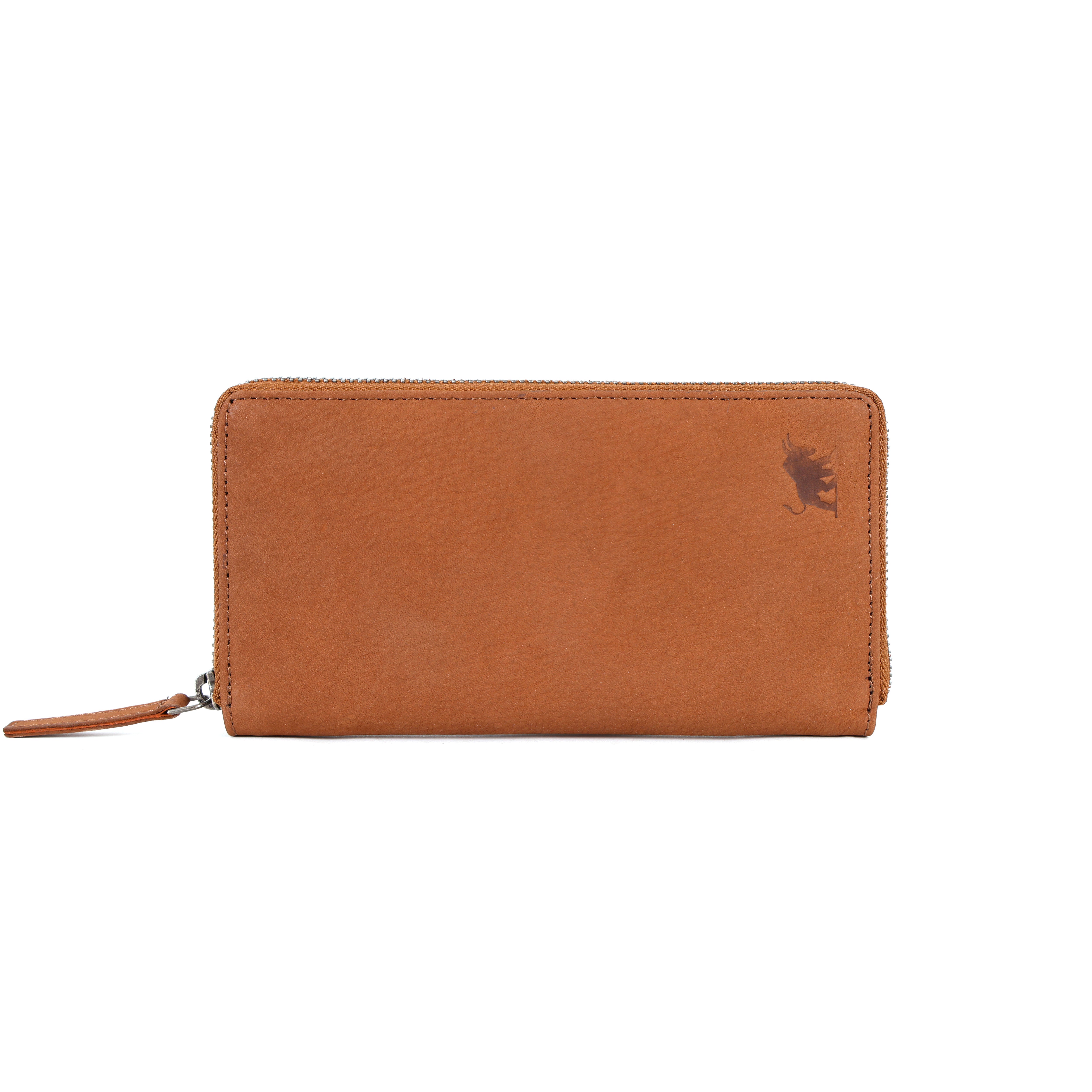 Auckland premium tan brown full grain leather clutch wallet for women with debossed bull logo as shown