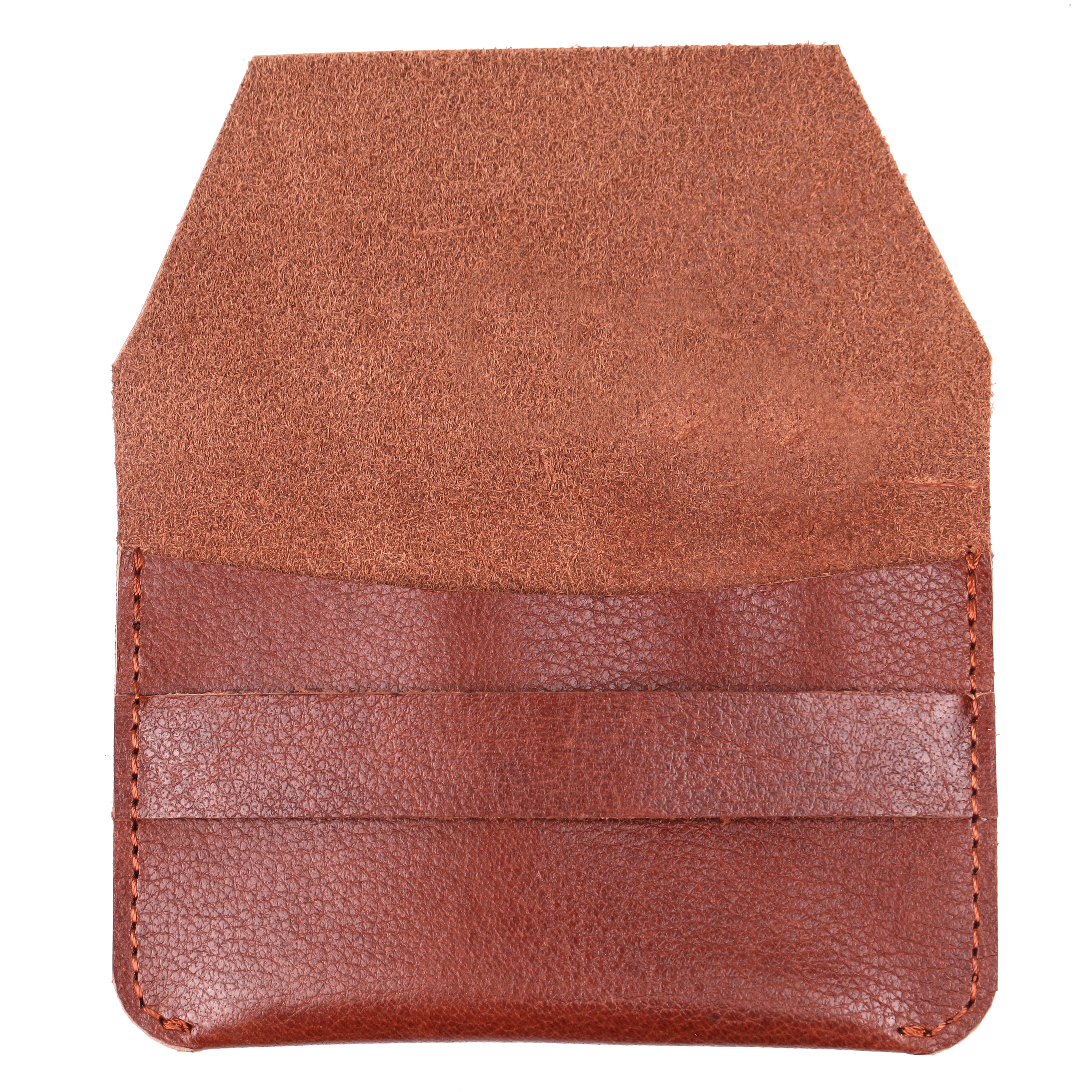 Open view of GM Leather brown card wallet revealing the raw suede interior flap and internal dual card storage compartments.
