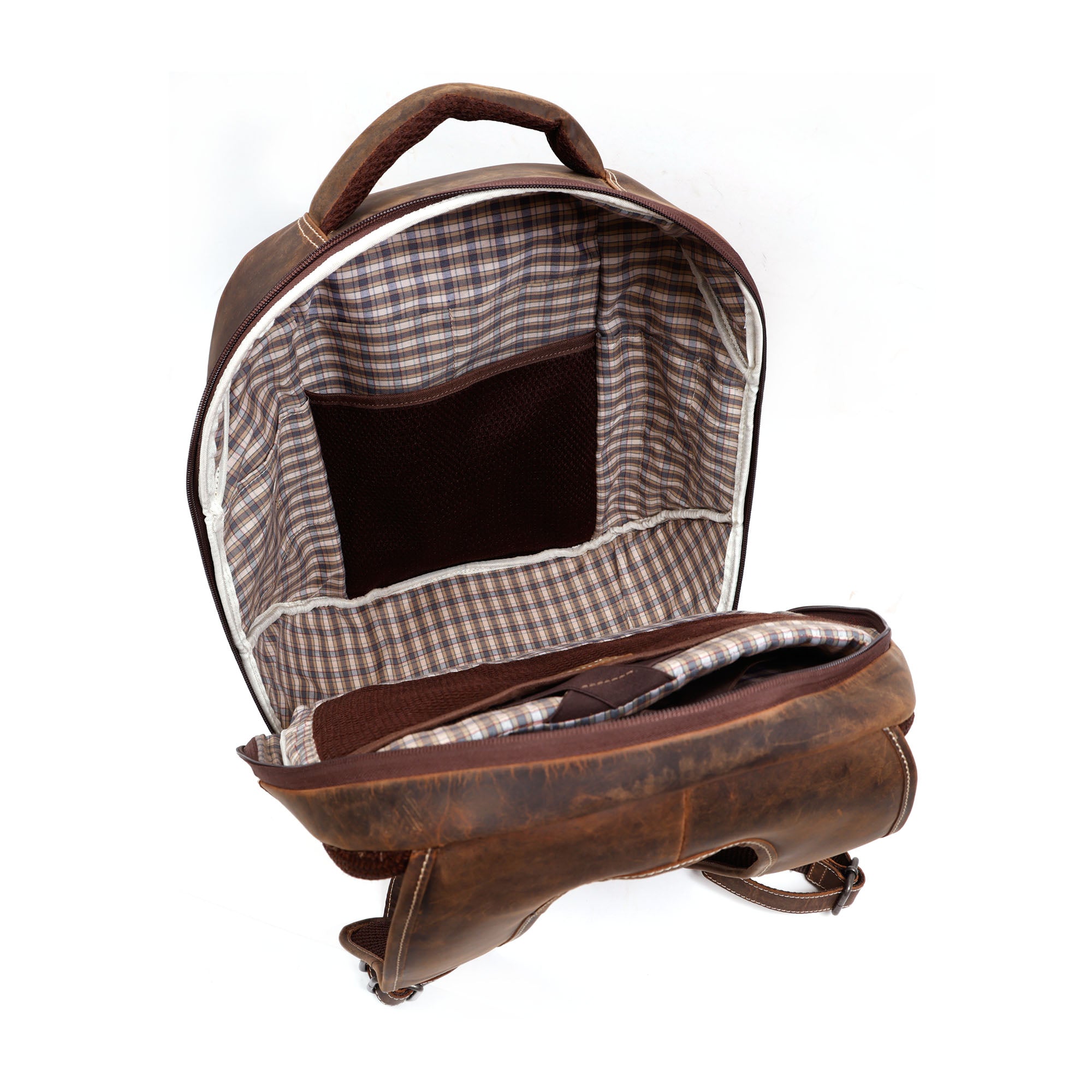 GM Leather backpack showing plaid lining and padded laptop compartment with secure straps.