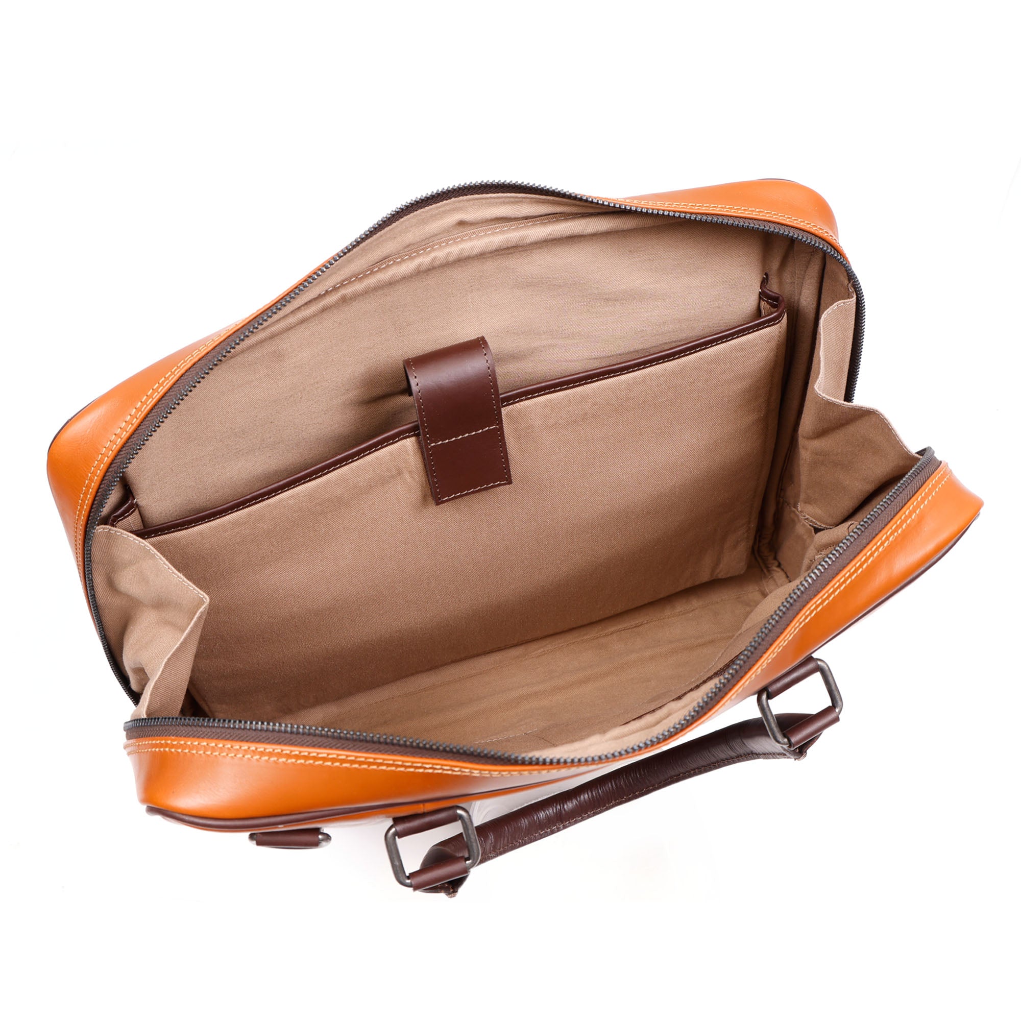 GM Leather business bag showing a built-in zippered pocket and dual slip organizer compartments