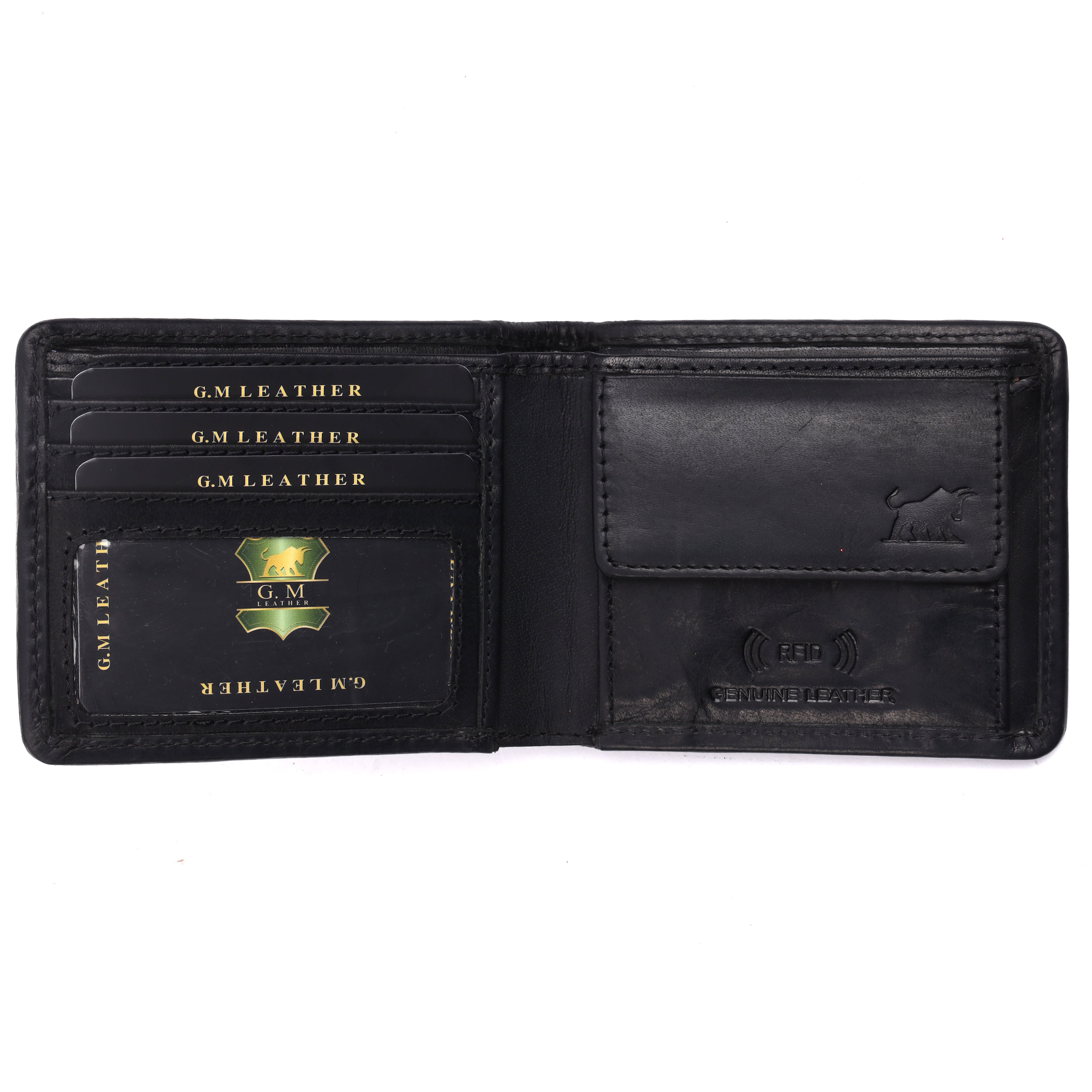 GM Leather black woven bifold wallet displaying three card slots, a clear ID window, an embossed heritage bull logo, an integrated snap-button coin pouch, and the RFID blocking indicator.